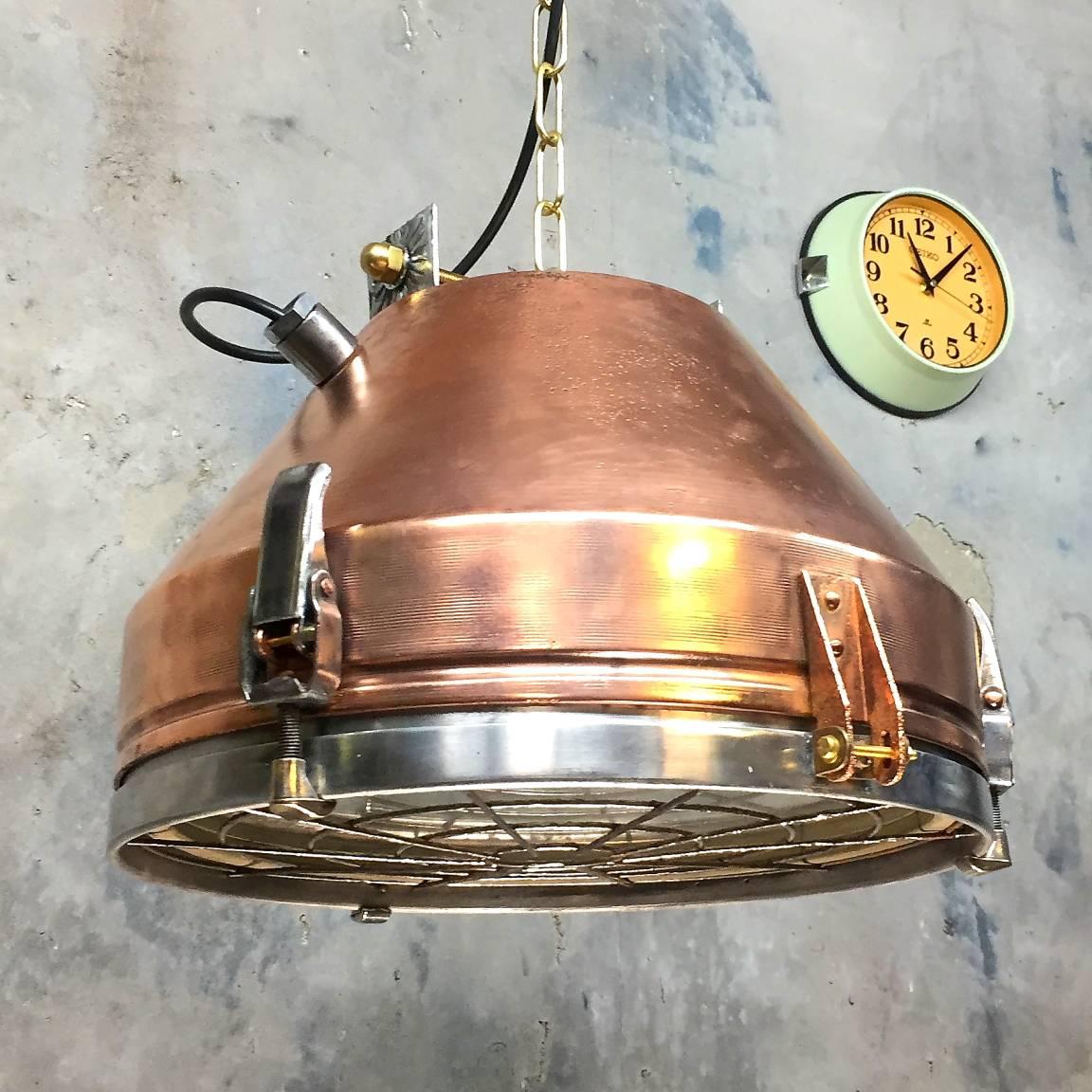 Tempered 1970s Industrial VEB German Copper & Aluminium Pendant Lamp Cage & Glass lens