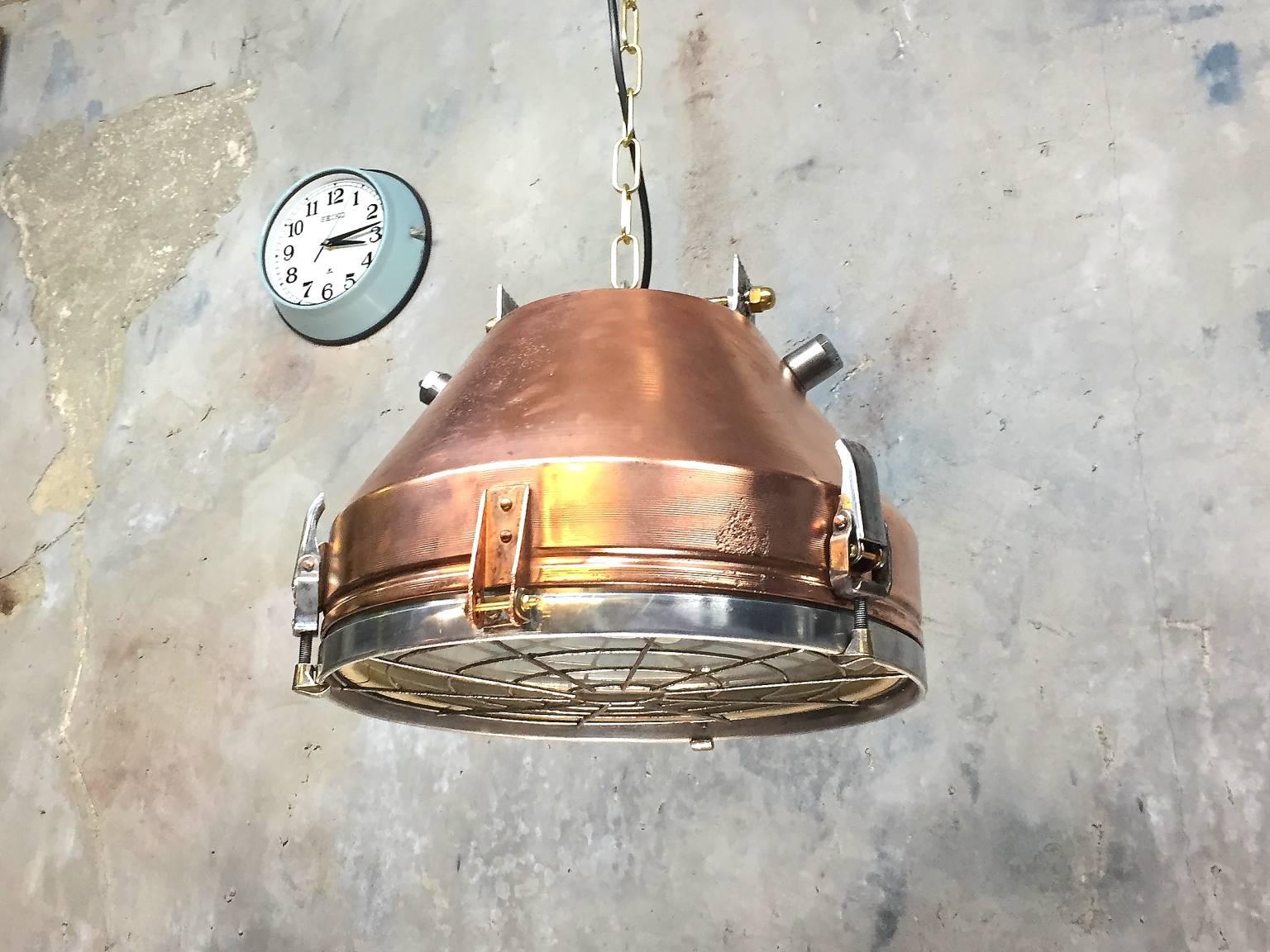 1970s Industrial VEB German Copper & Aluminium Pendant Lamp Cage & Glass lens In Good Condition In Leicester, Leicestershire