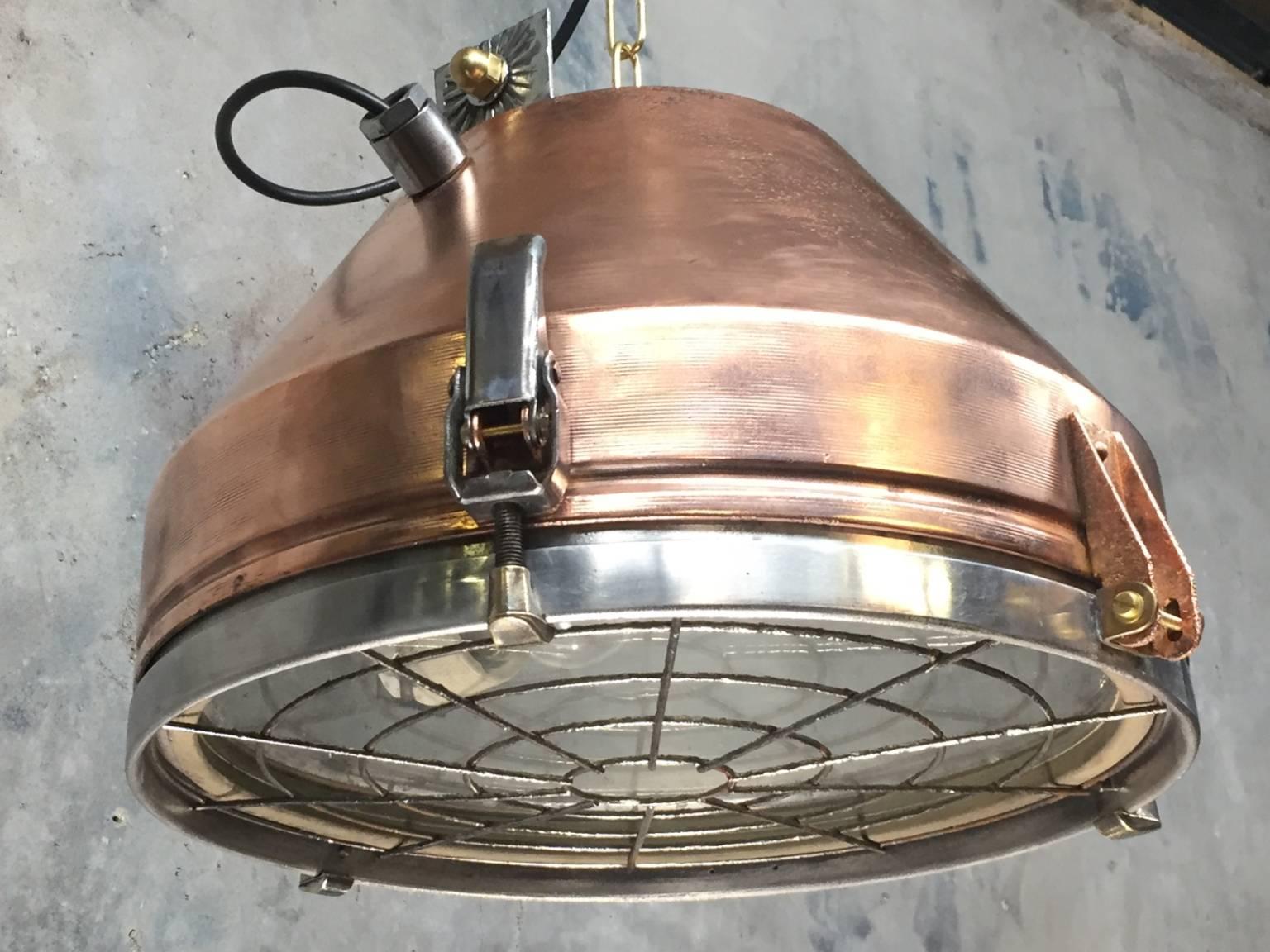 Late 20th Century 1970s Industrial VEB German Copper & Aluminium Pendant Lamp Cage & Glass lens