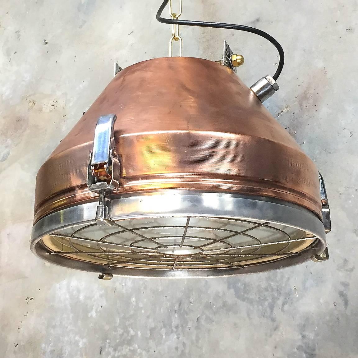 Aluminum 1970s Industrial VEB German Copper & Aluminium Pendant Lamp Cage & Glass lens