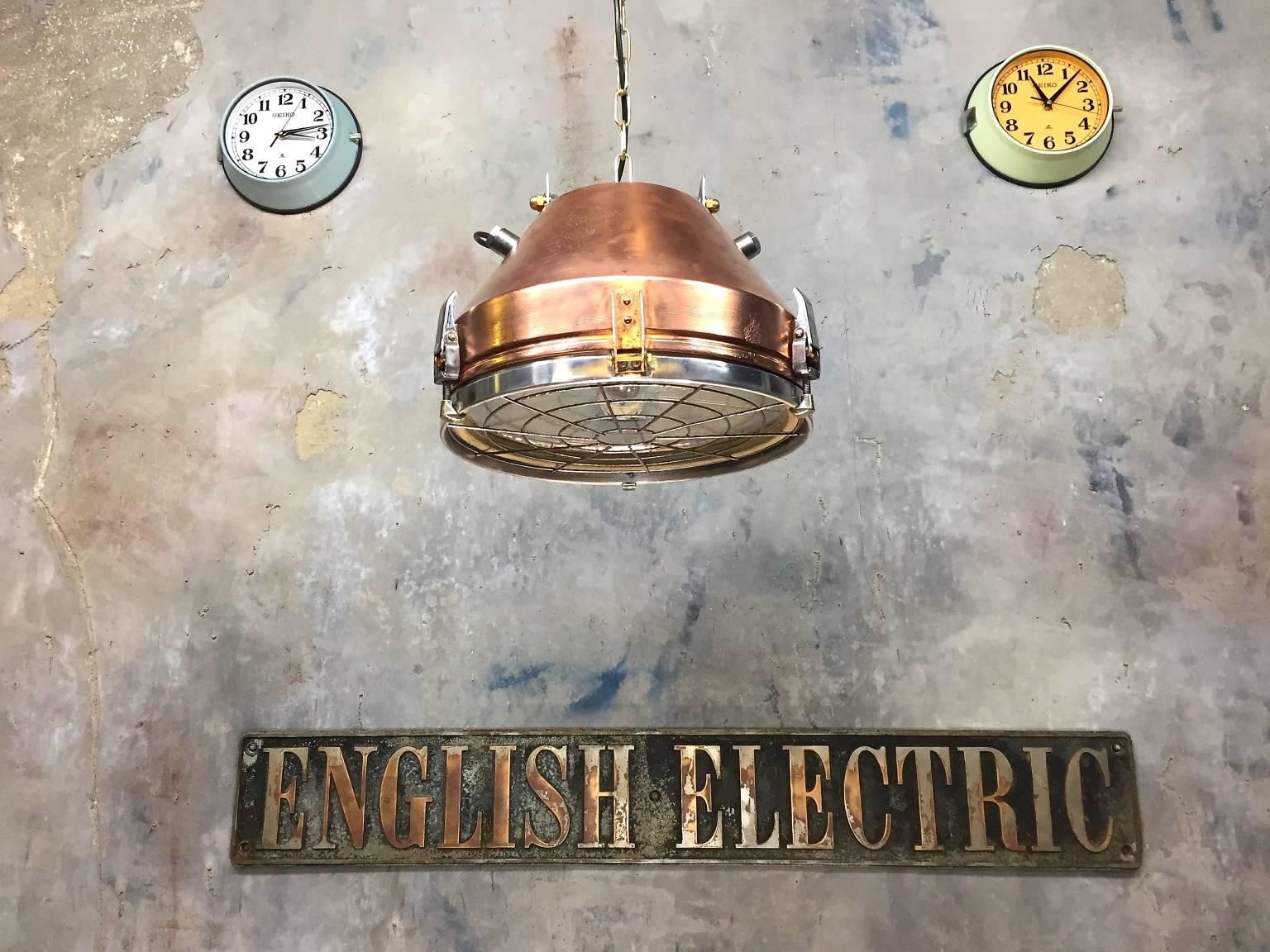 1970s Industrial VEB German Copper & Aluminium Pendant Lamp Cage & Glass lens 2