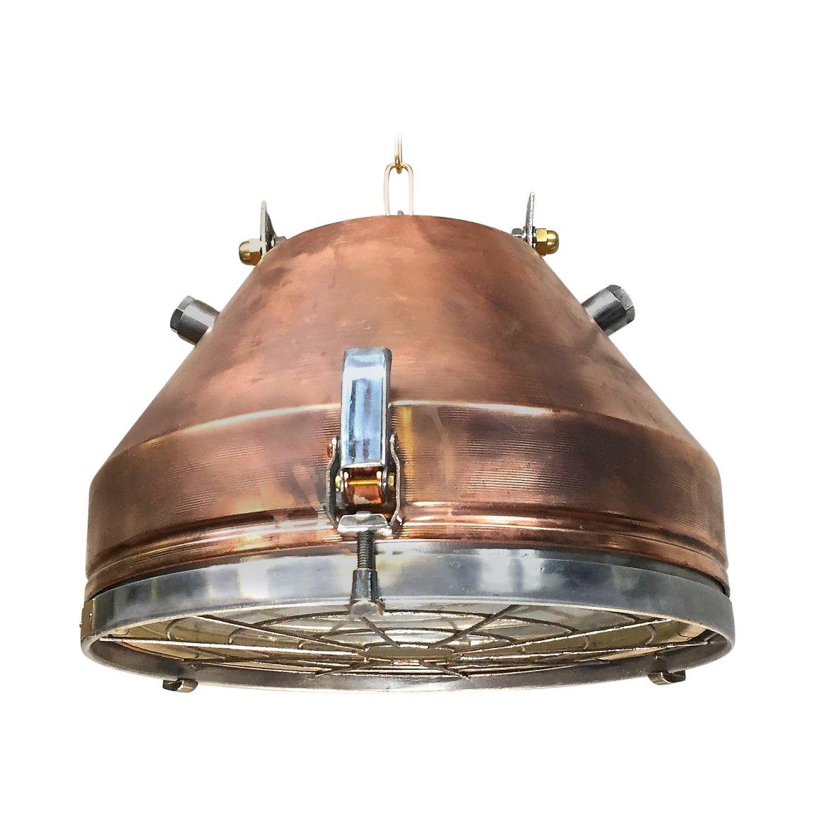 1970s Industrial VEB German Copper & Aluminium Pendant Lamp Cage & Glass lens