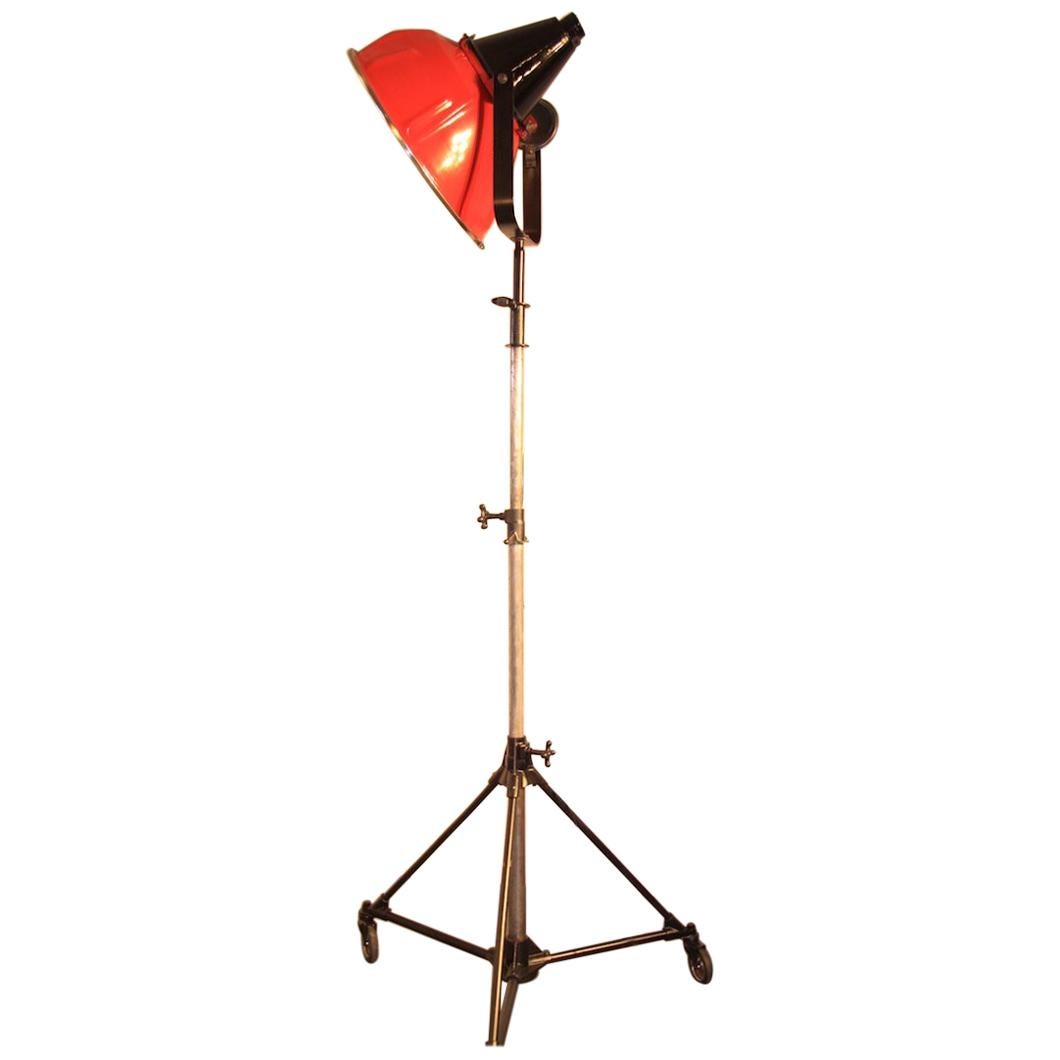 1970s Industrial Vintage Film Floor Lamp with Red Metal Shade For Sale