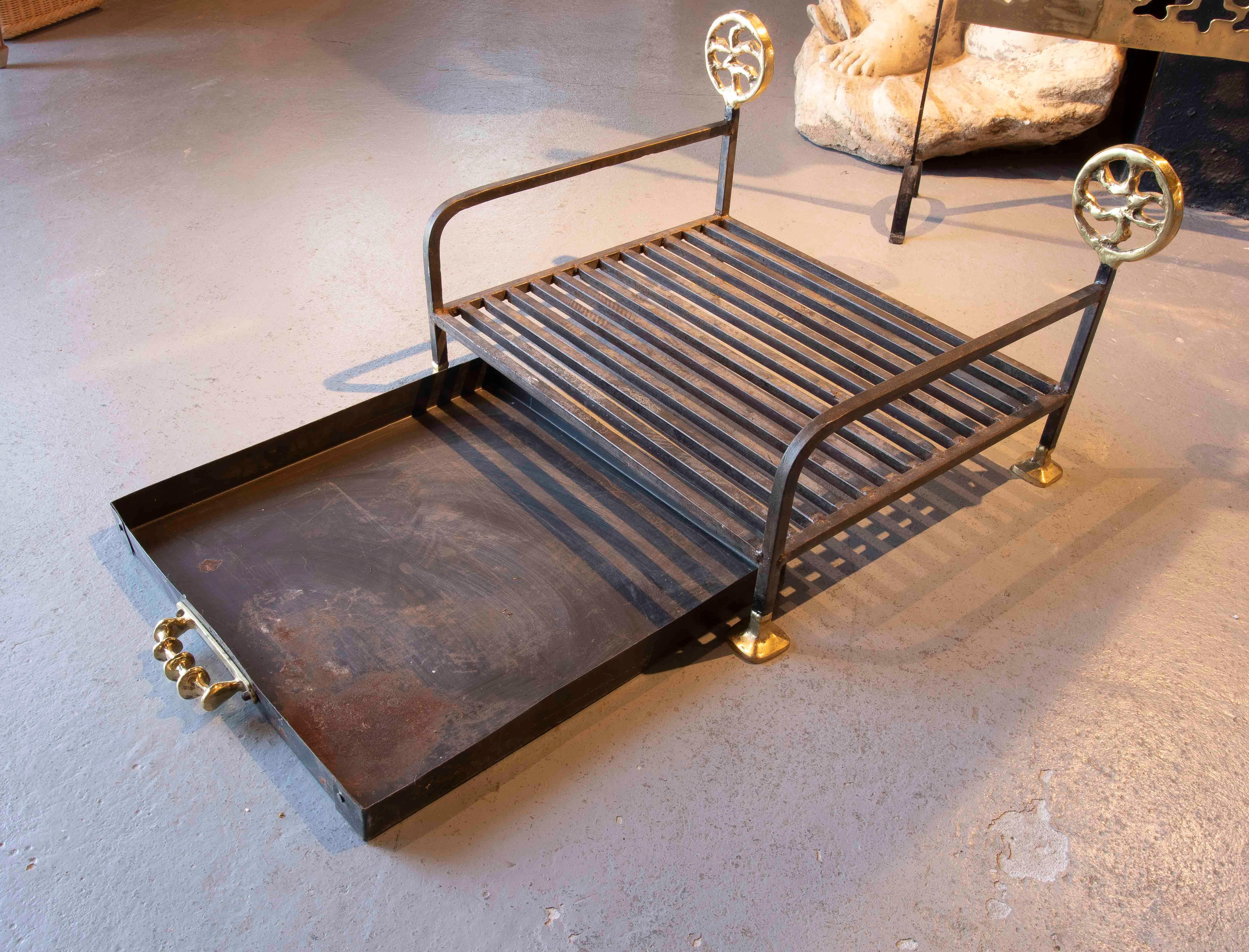 Spanish 1970s Iron and Bronze Fireplace Log Holder by artist David Marshall For Sale