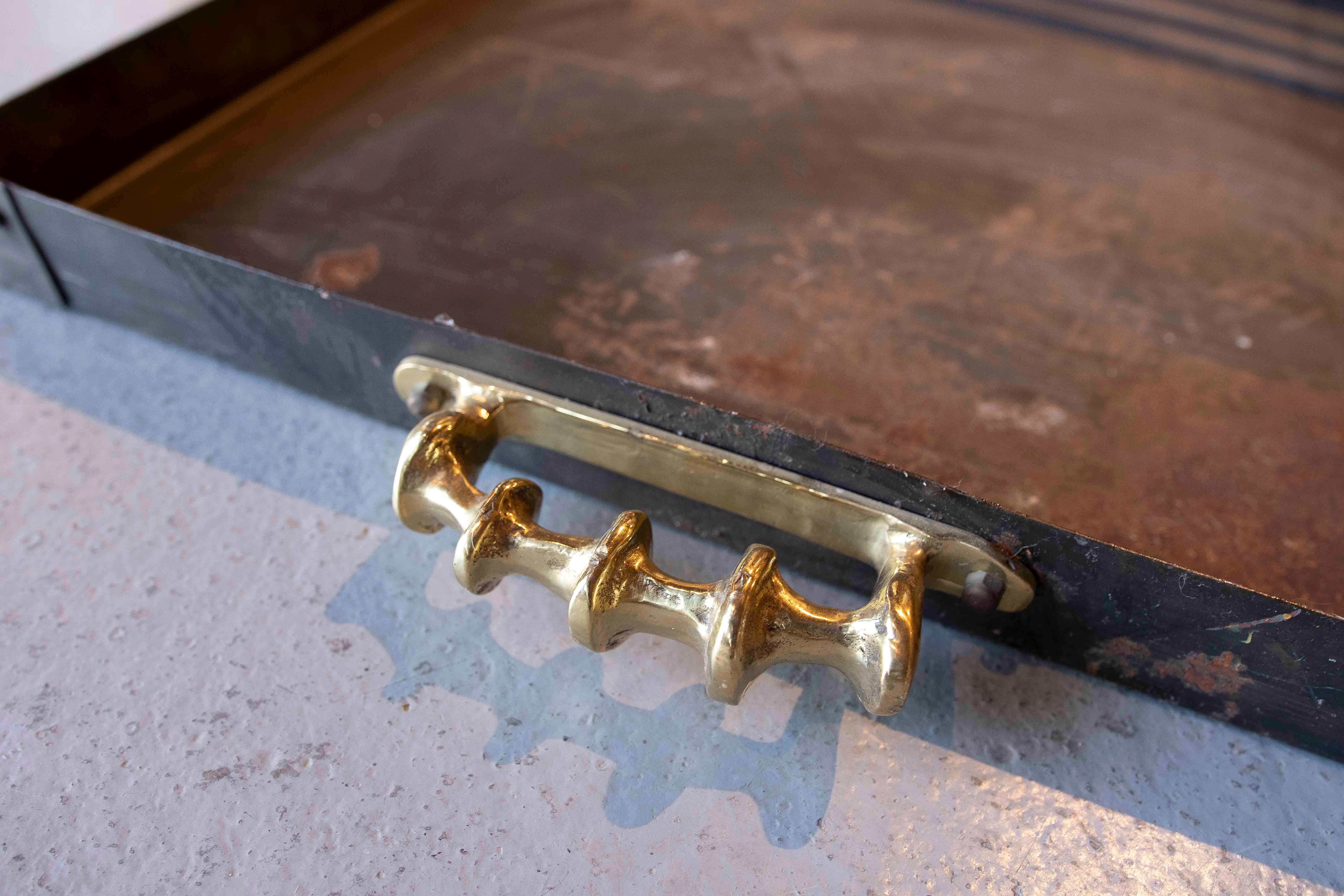 1970s Iron and Bronze Fireplace Log Holder by artist David Marshall For Sale 2