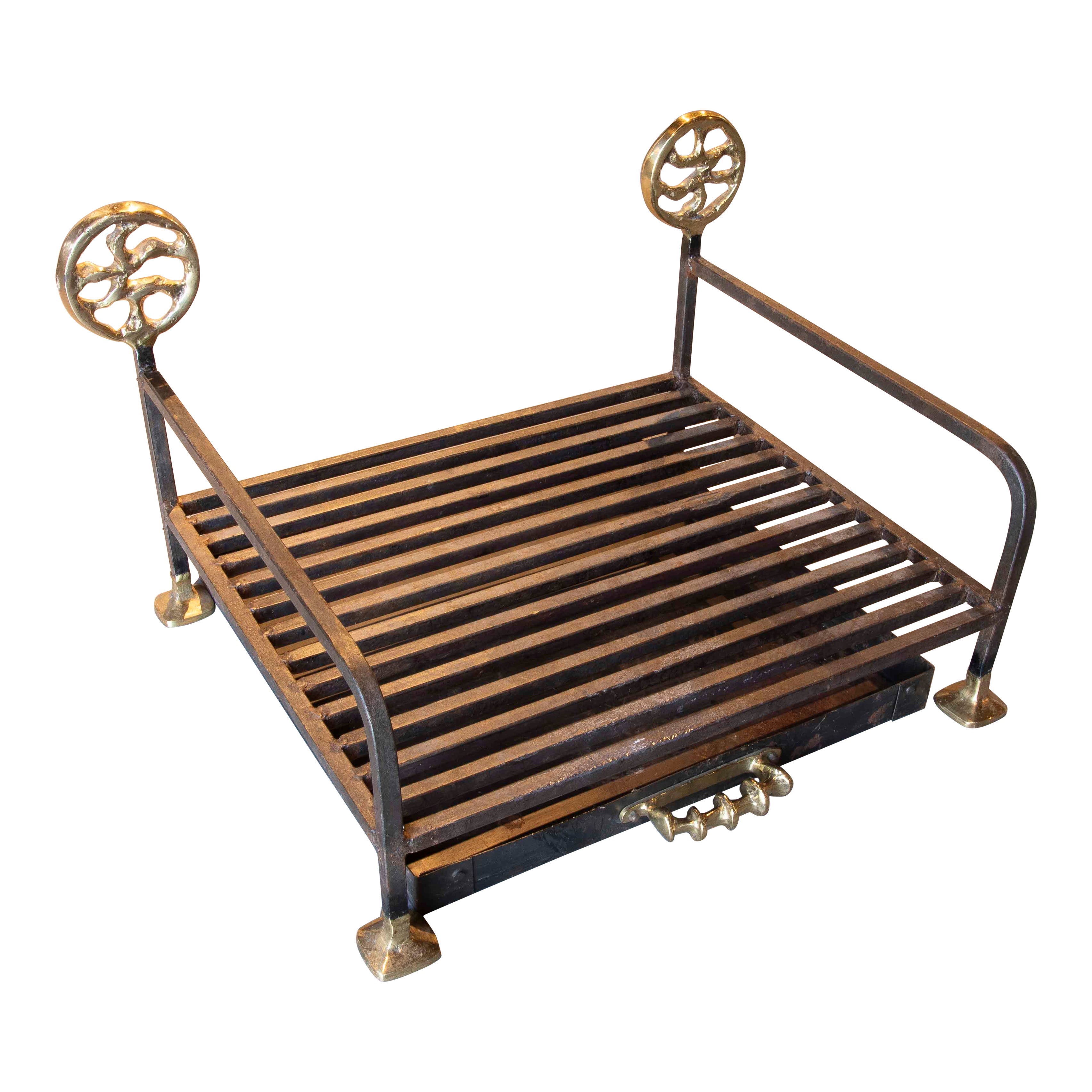 1970s Iron and Bronze Fireplace Log Holder by artist David Marshall For Sale