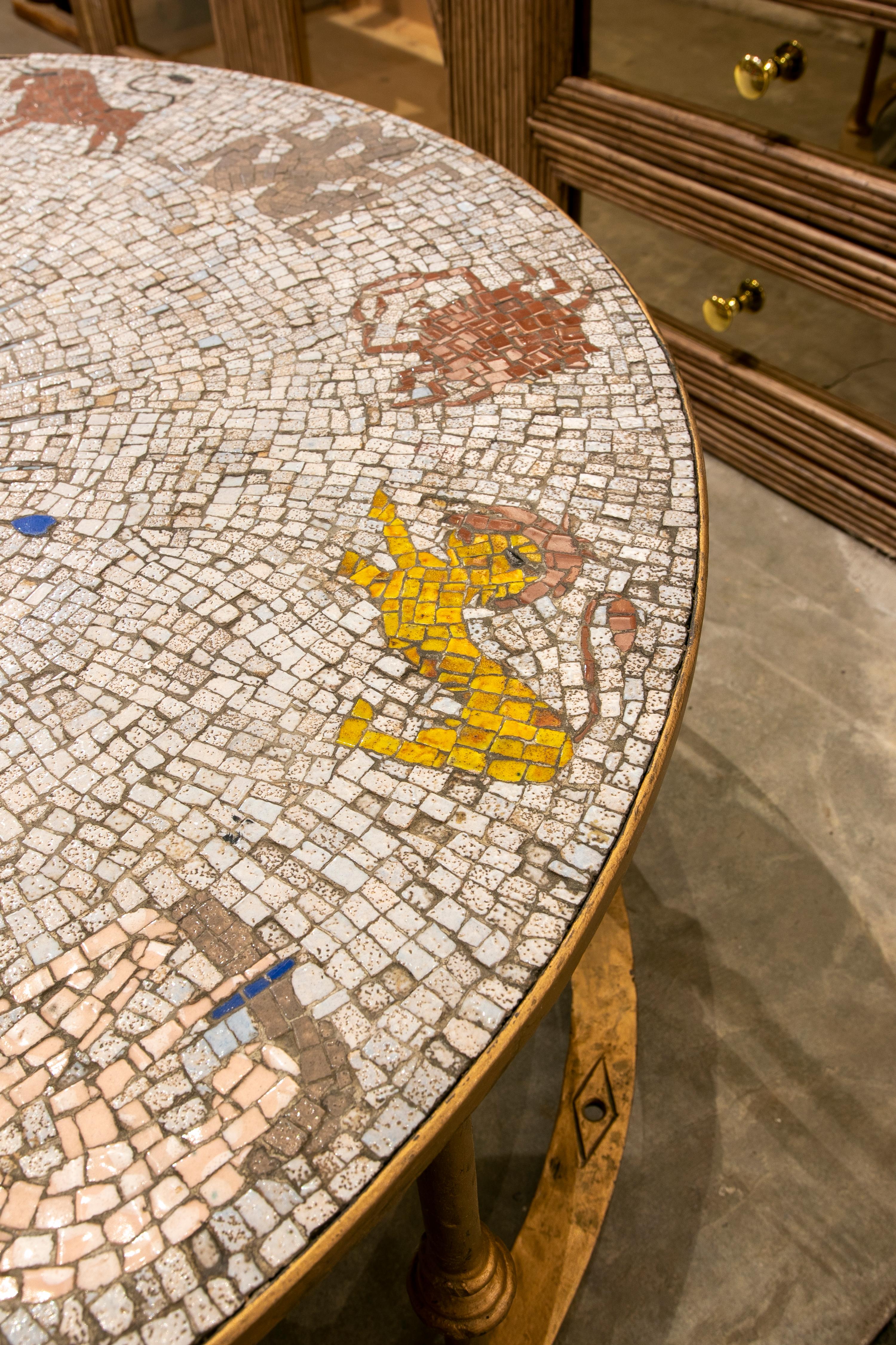 1970s Iron Coffee Table with Mosaic Top Representing the Zodiac 5