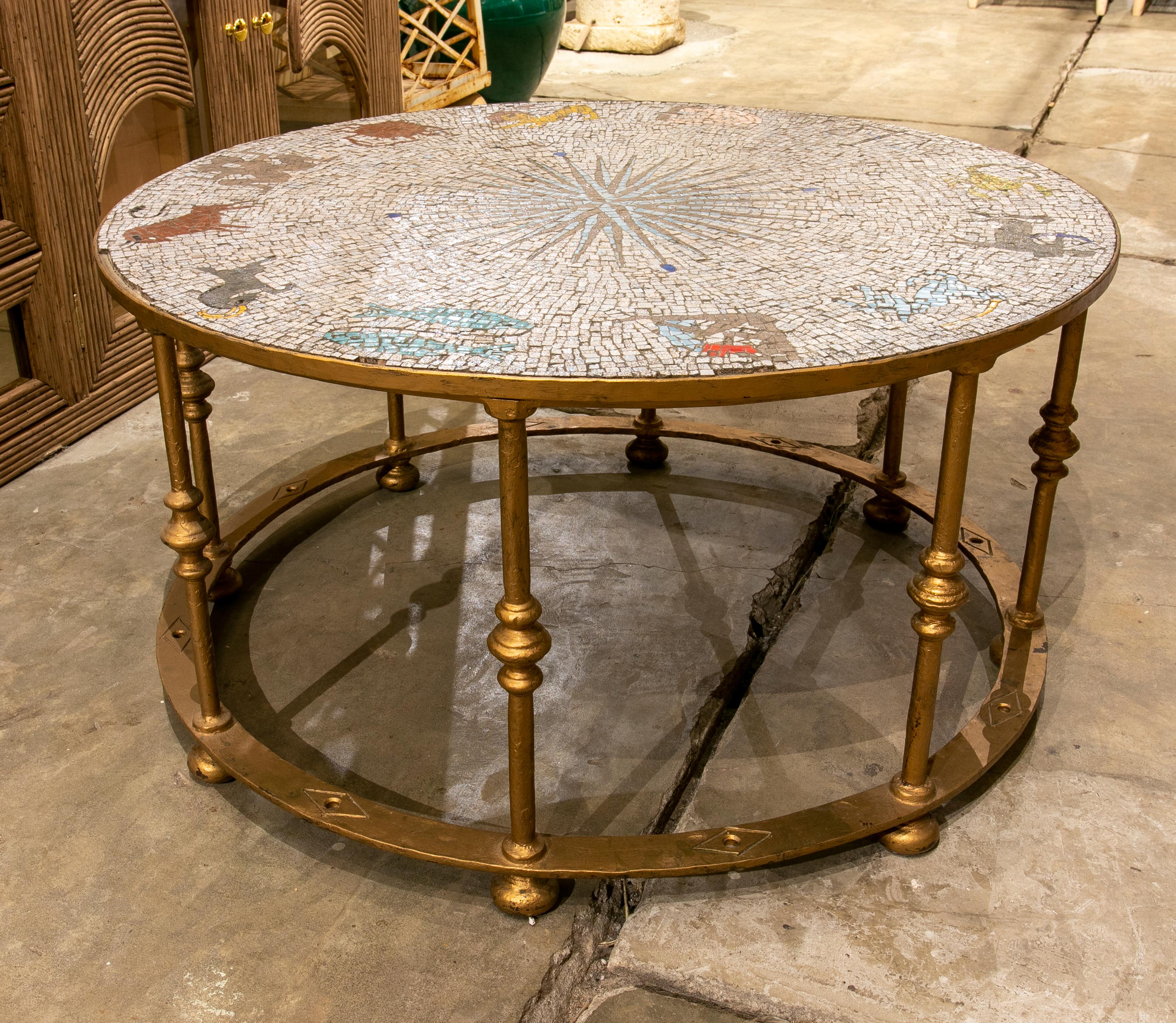 1970s Iron Coffee Table with Mosaic Top Representing The Zodiac.
