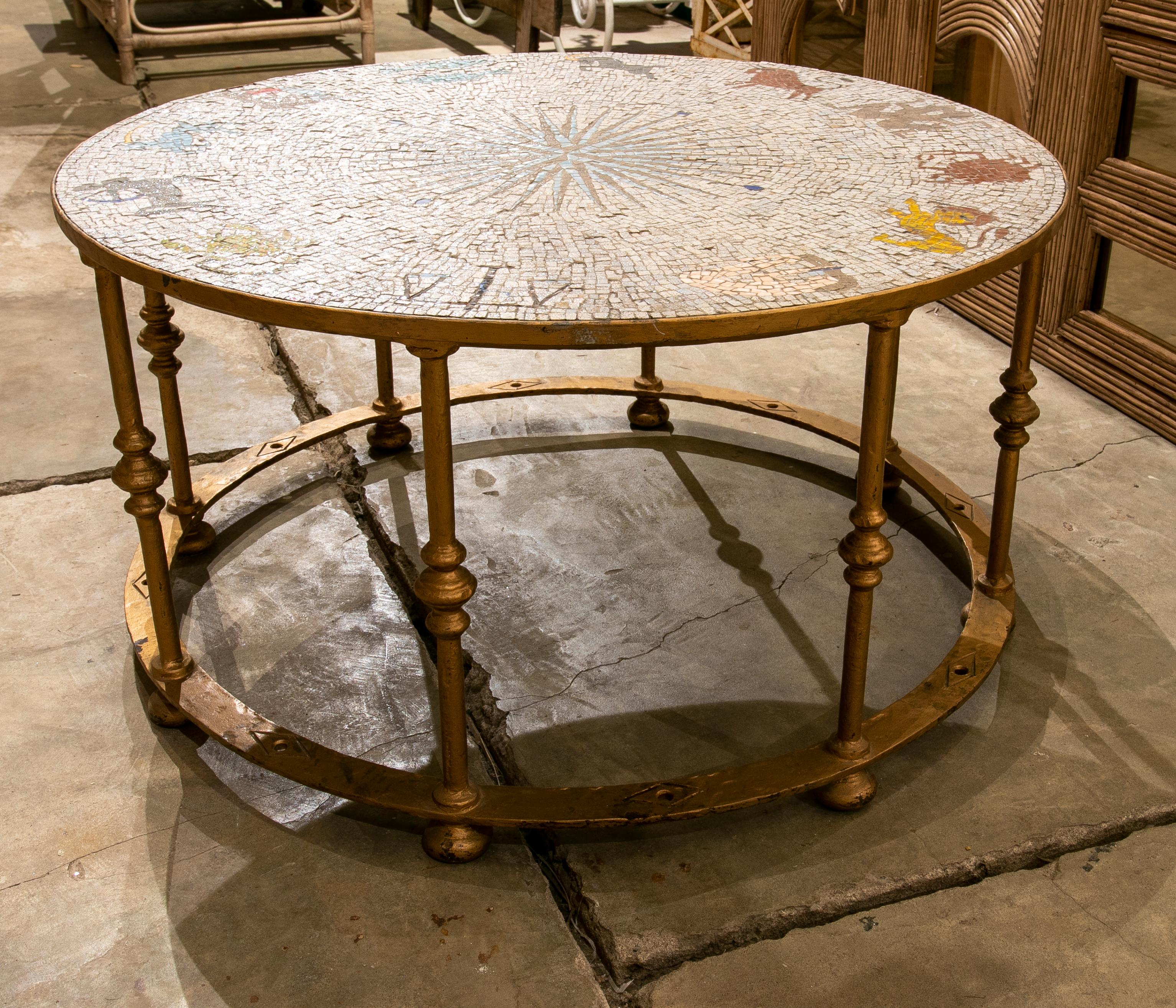 Spanish 1970s Iron Coffee Table with Mosaic Top Representing the Zodiac