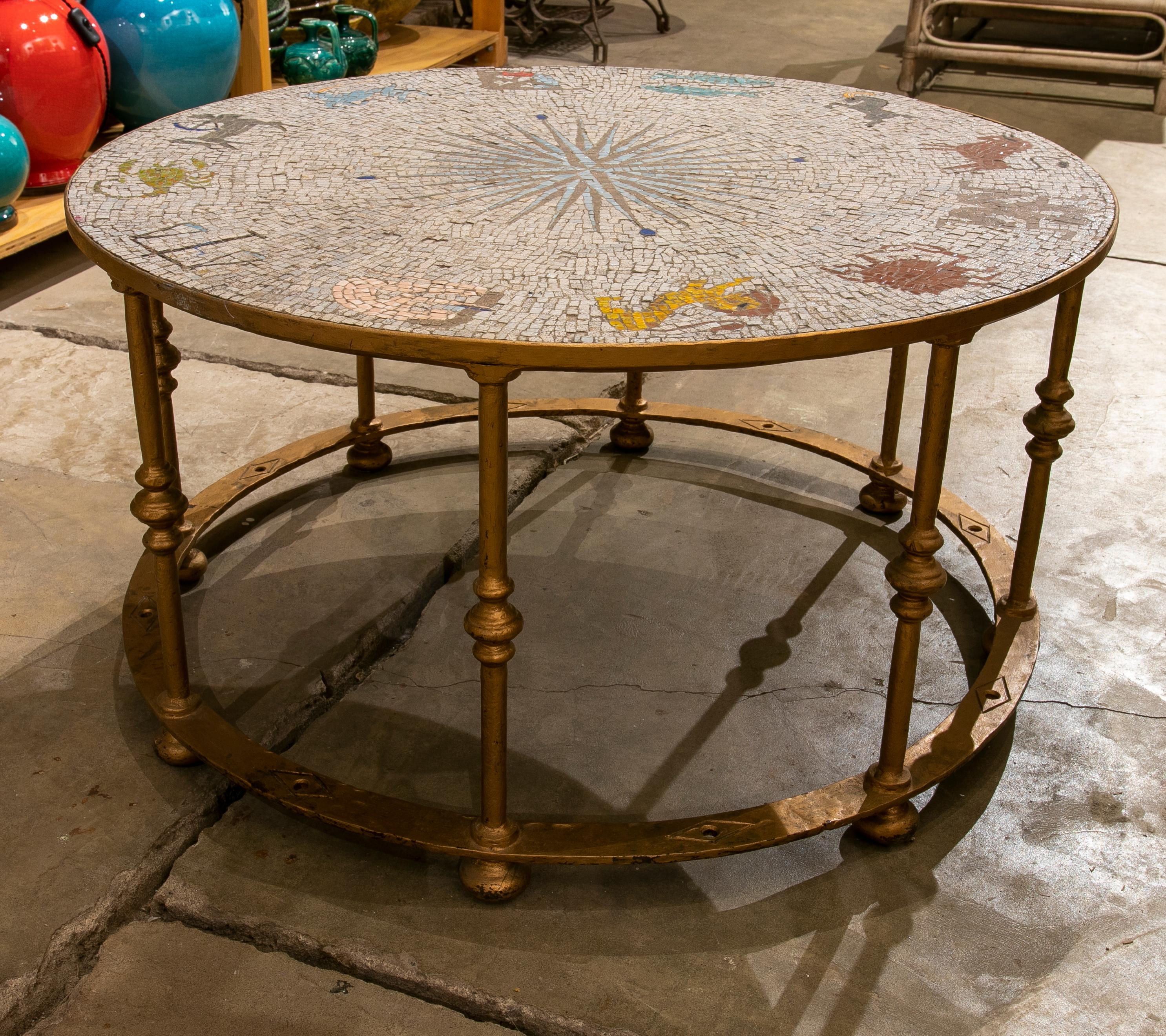 1970s Iron Coffee Table with Mosaic Top Representing the Zodiac In Good Condition In Marbella, ES