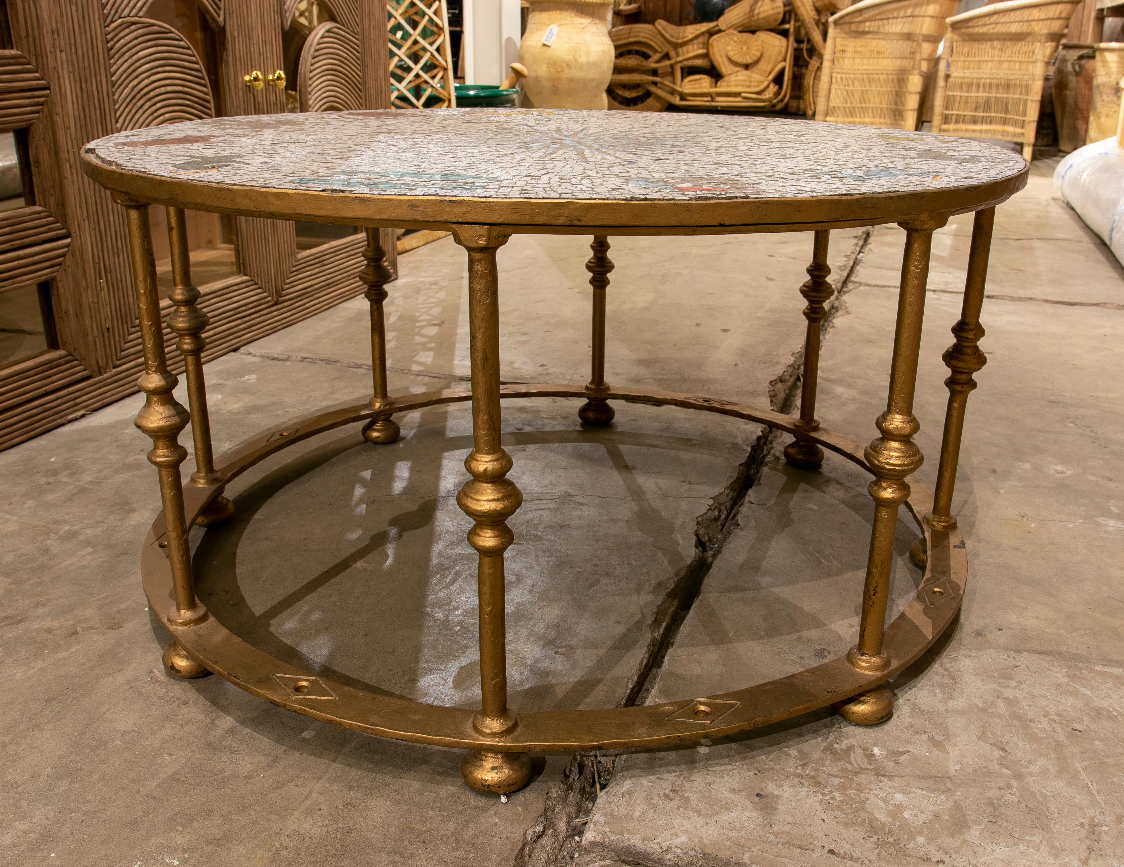 Ceramic 1970s Iron Coffee Table with Mosaic Top Representing the Zodiac