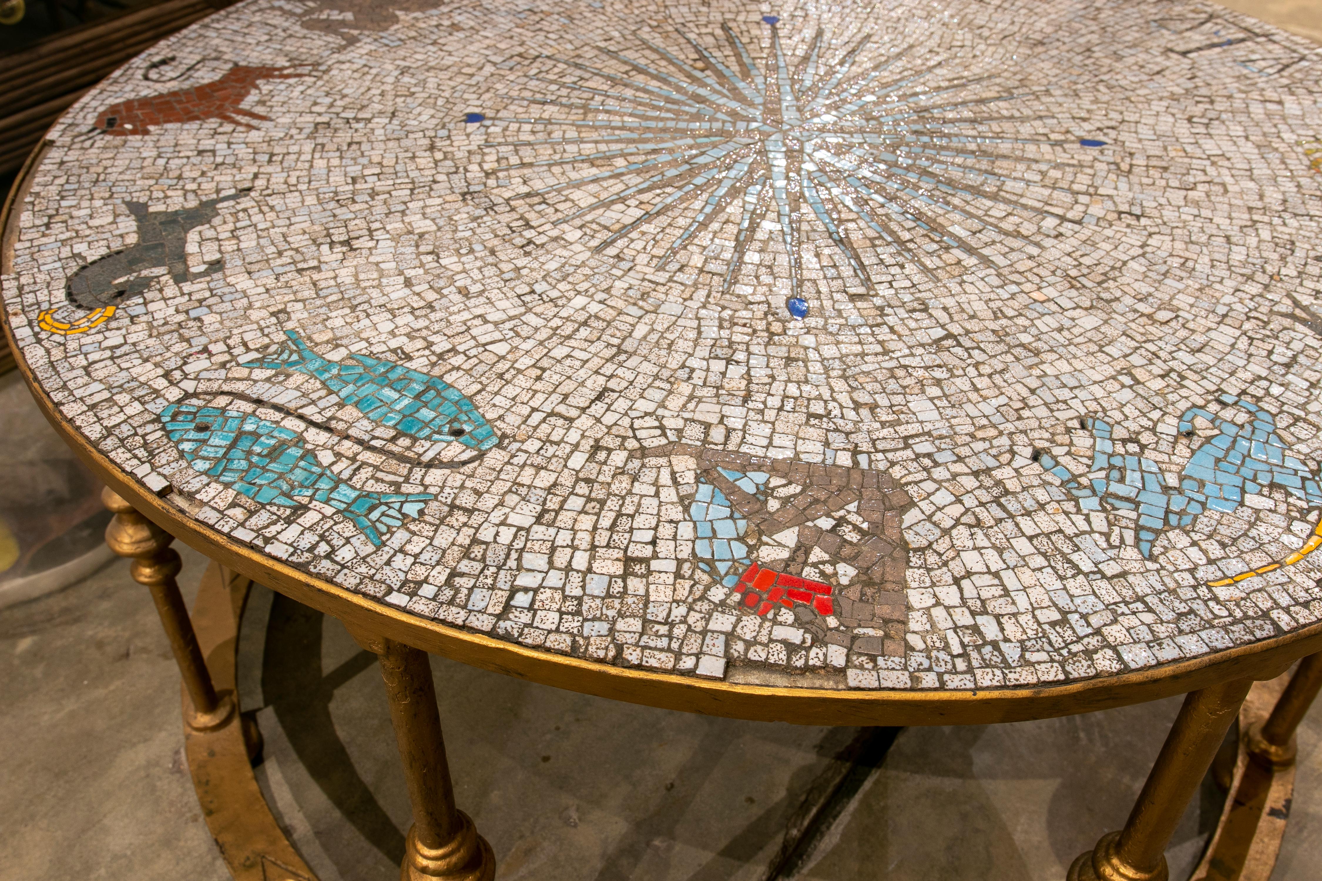 1970s Iron Coffee Table with Mosaic Top Representing the Zodiac 1