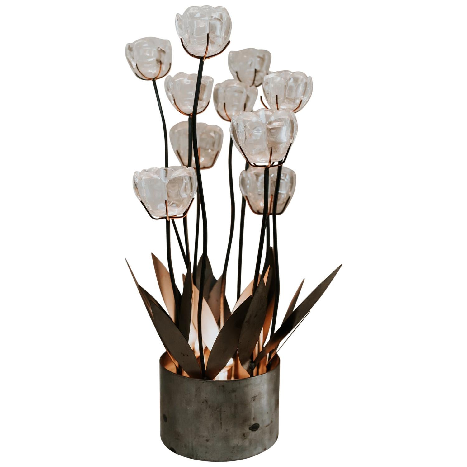 1970s Iron Lamp with Glass Flowers For Sale