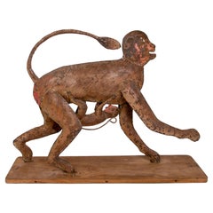 Vintage 1970s Iron Sculpture of Monkey and Baby with Wooden Base 