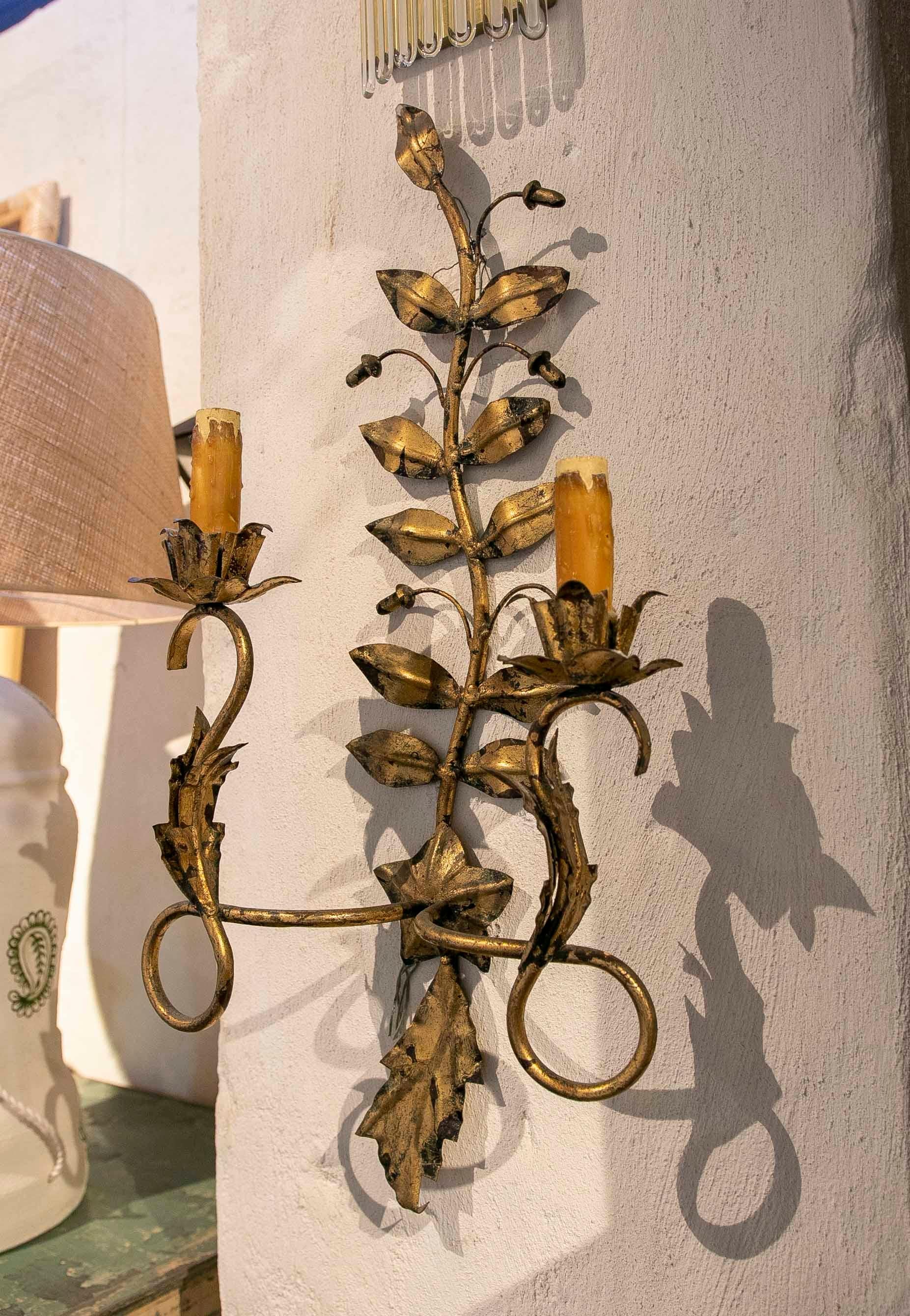 1970s Iron Wall Lamp in the Shape of a Plant with Remains of Polychromy.