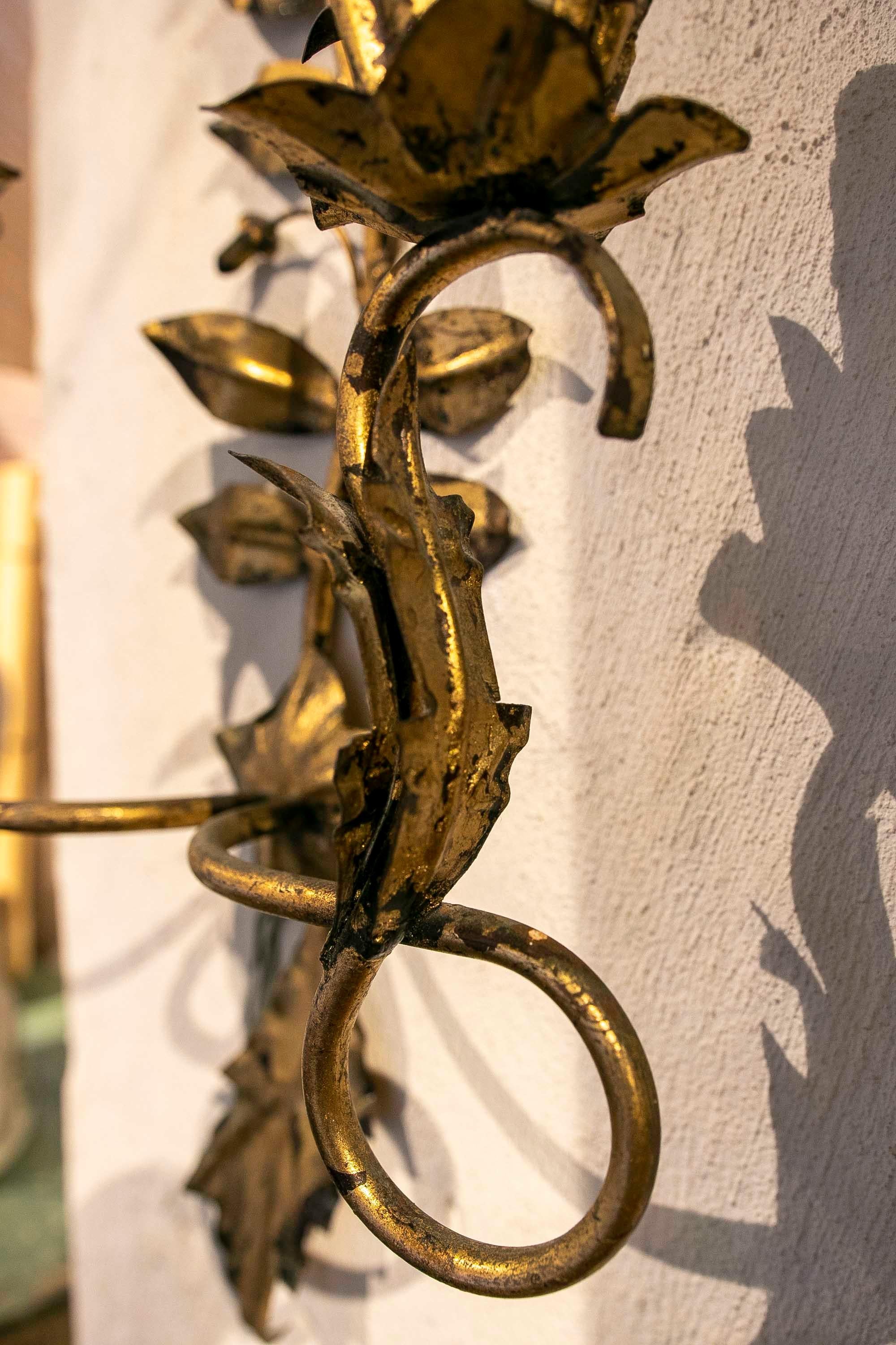 20th Century 1970s Iron Wall Lamp in the Shape of a Plant with Remains of Polychromy For Sale