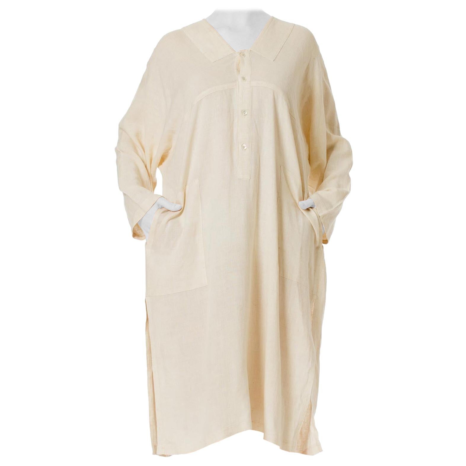 1970S ISSEY MIYAKE Ivory Linen Kaftan Shirt For Sale