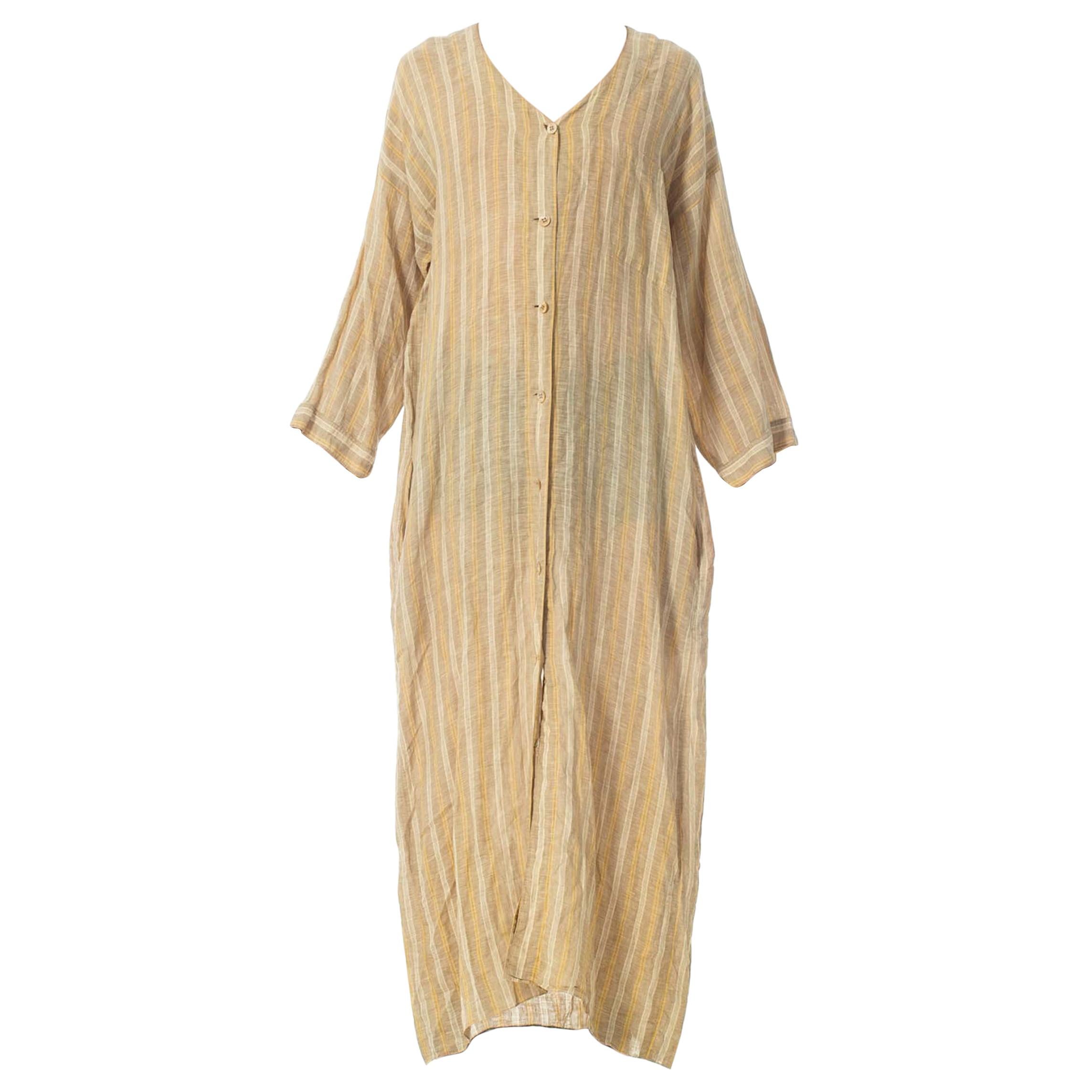 1970S ISSEY MIYAKE STYLE- Style Beige & White Cotton Blend Tunic Duster For Sale
