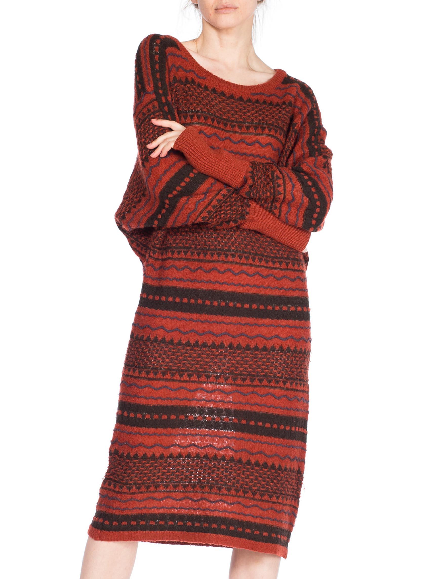 Brown 1970S ISSEY MIYAKE Red Striped Wool Knit Sweater Dress