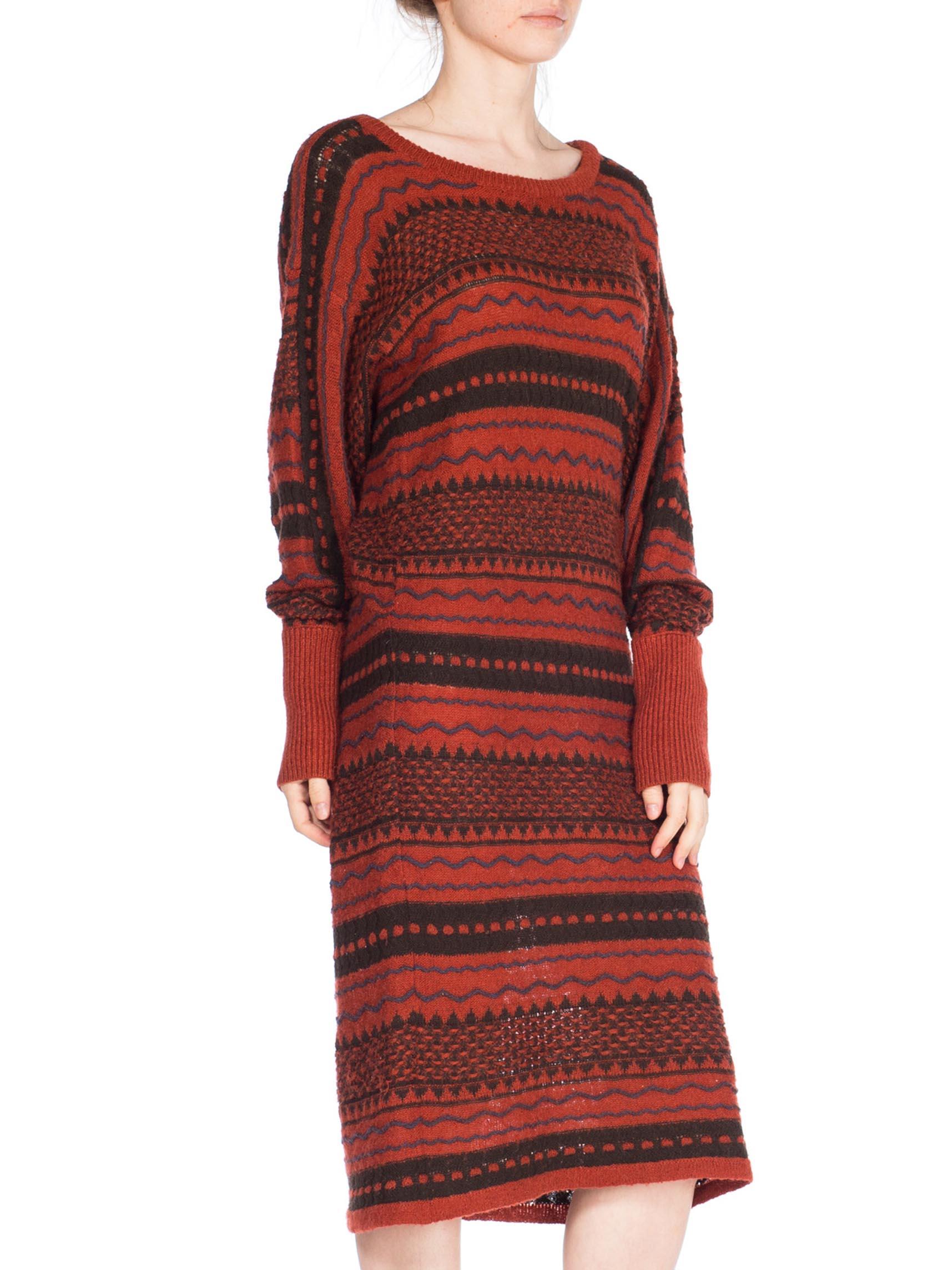 Women's 1970S ISSEY MIYAKE Red Striped Wool Knit Sweater Dress