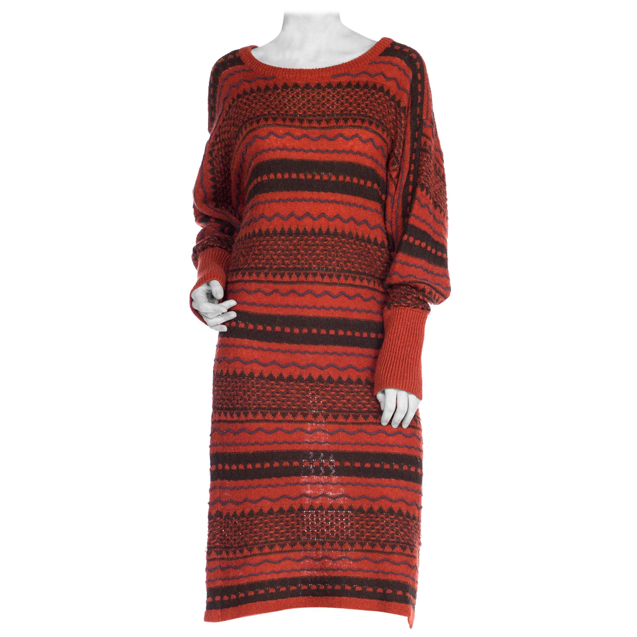 1970S ISSEY MIYAKE Red Striped Wool Knit Sweater Dress