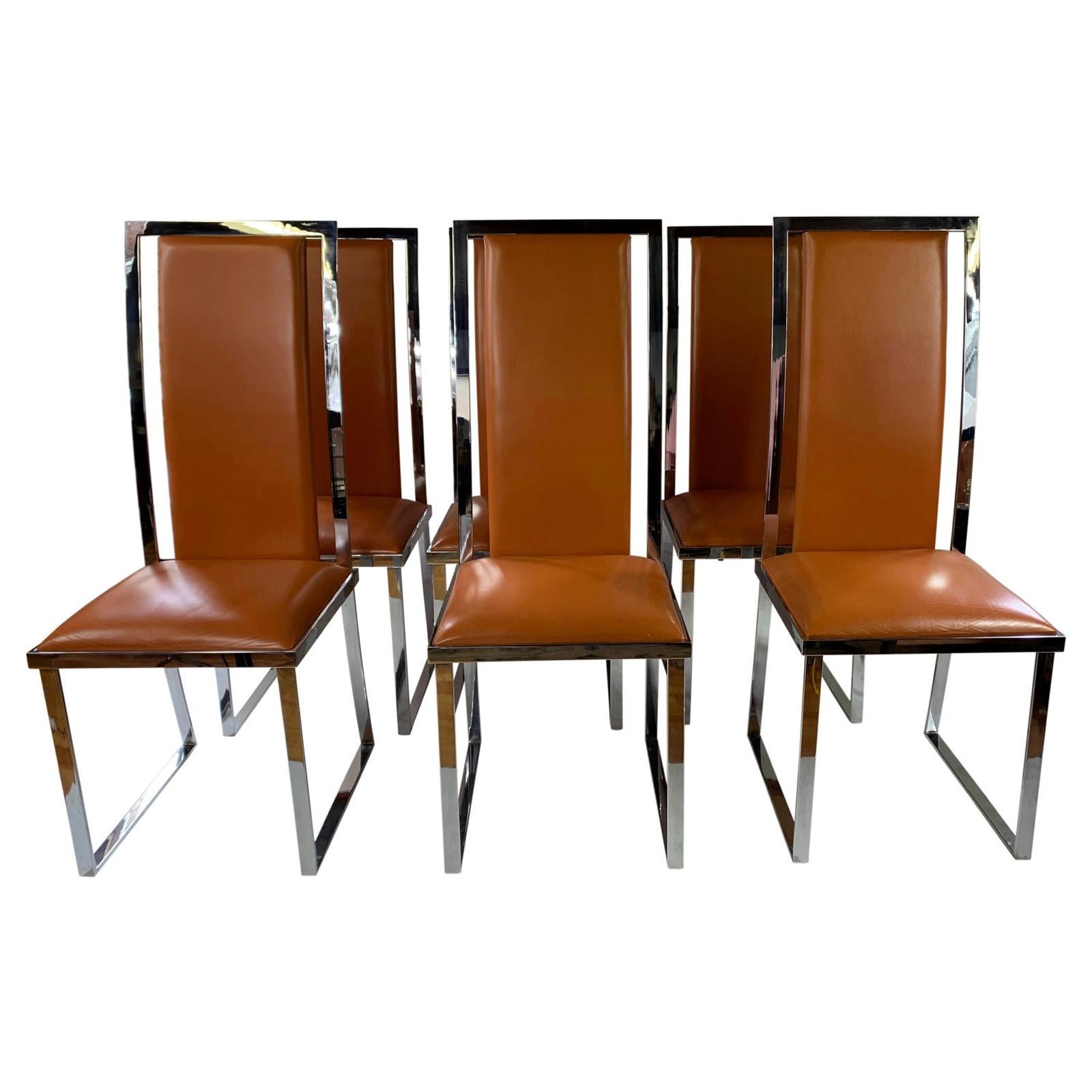 1970s Italchom Italian Leather & Chrome Chairs, Set of 6 For Sale