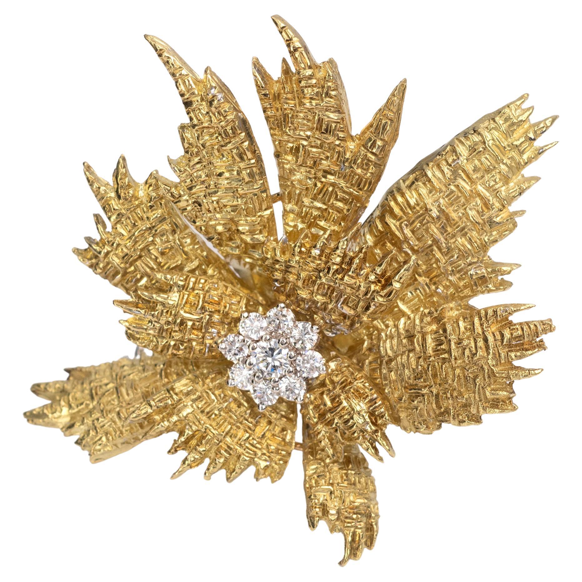 1970's Italian 18-Karat Gold and Diamond Leaf Brooch For Sale