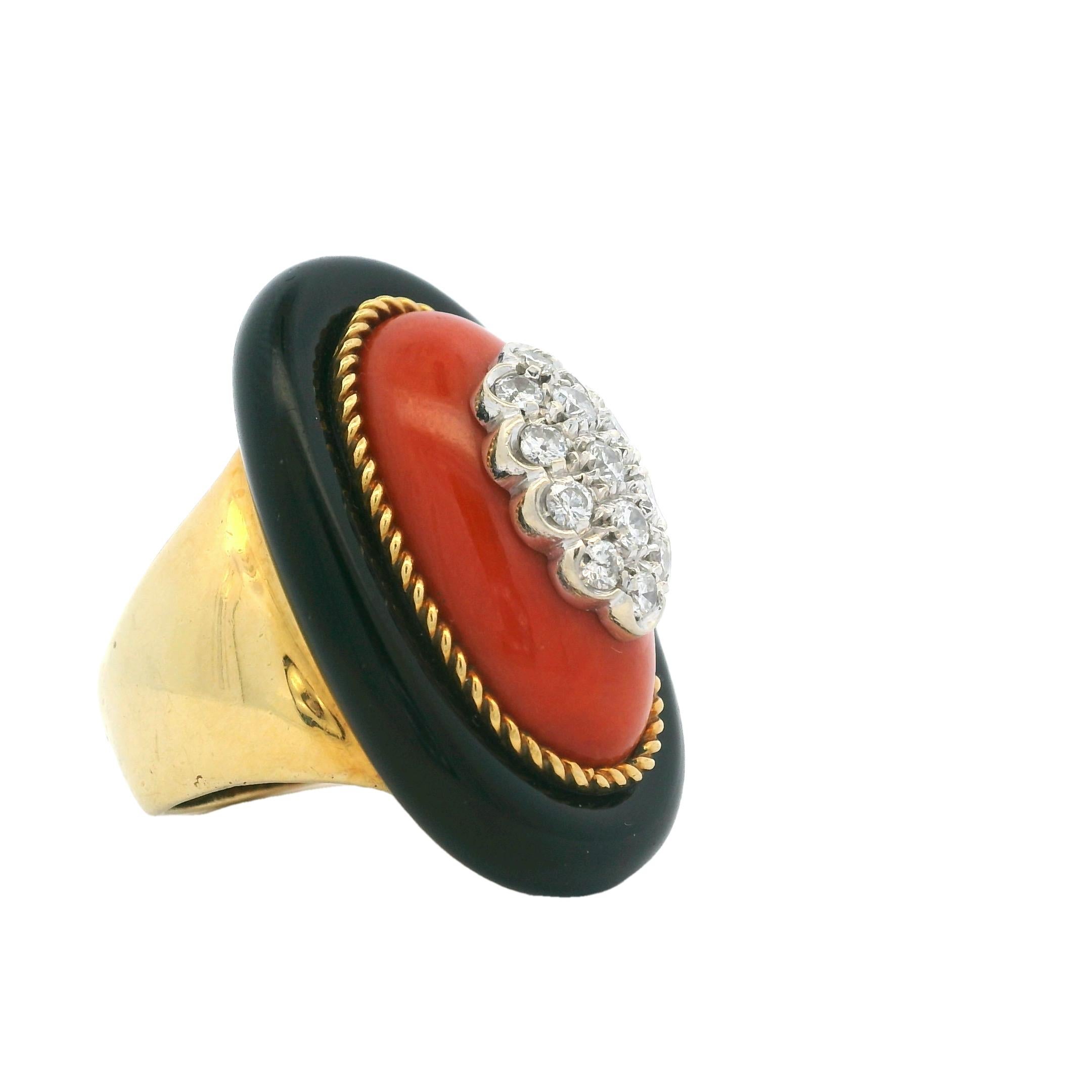 Retro 1970s Italian 18K Yellow Gold Coral, Diamond, and Black Onyx Cocktail Ring For Sale