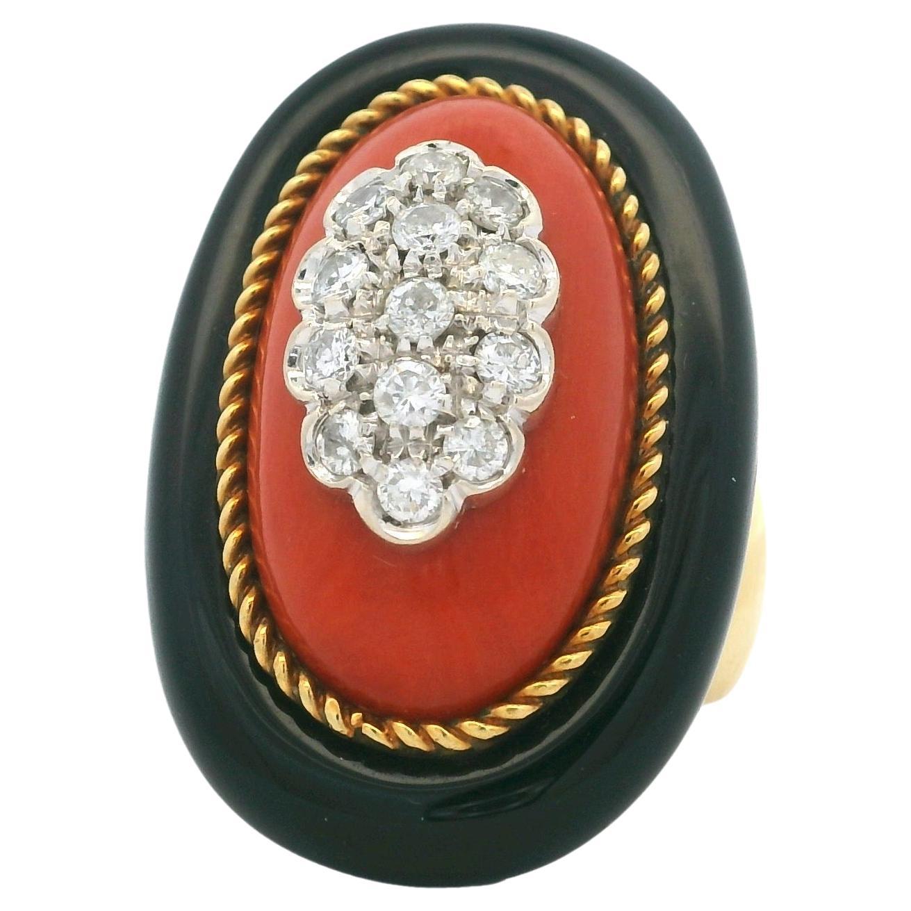 1970s Italian 18K Yellow Gold Coral, Diamond, and Black Onyx Cocktail Ring