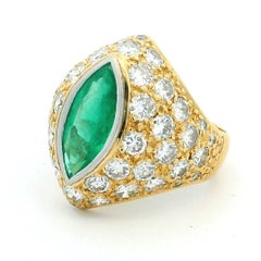 1970s Italian 18K Yellow Gold Dome Ring  Colombian Marquise Emerald & Diamonds