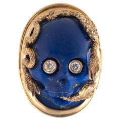 Vintage 1970s Italian 18kt Gold Lapis Lazuli Skull Ring with Diamonds