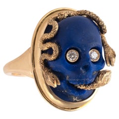 Vintage 1970s Italian 18kt Gold Lapis Lazuli Skull Ring with Diamonds
