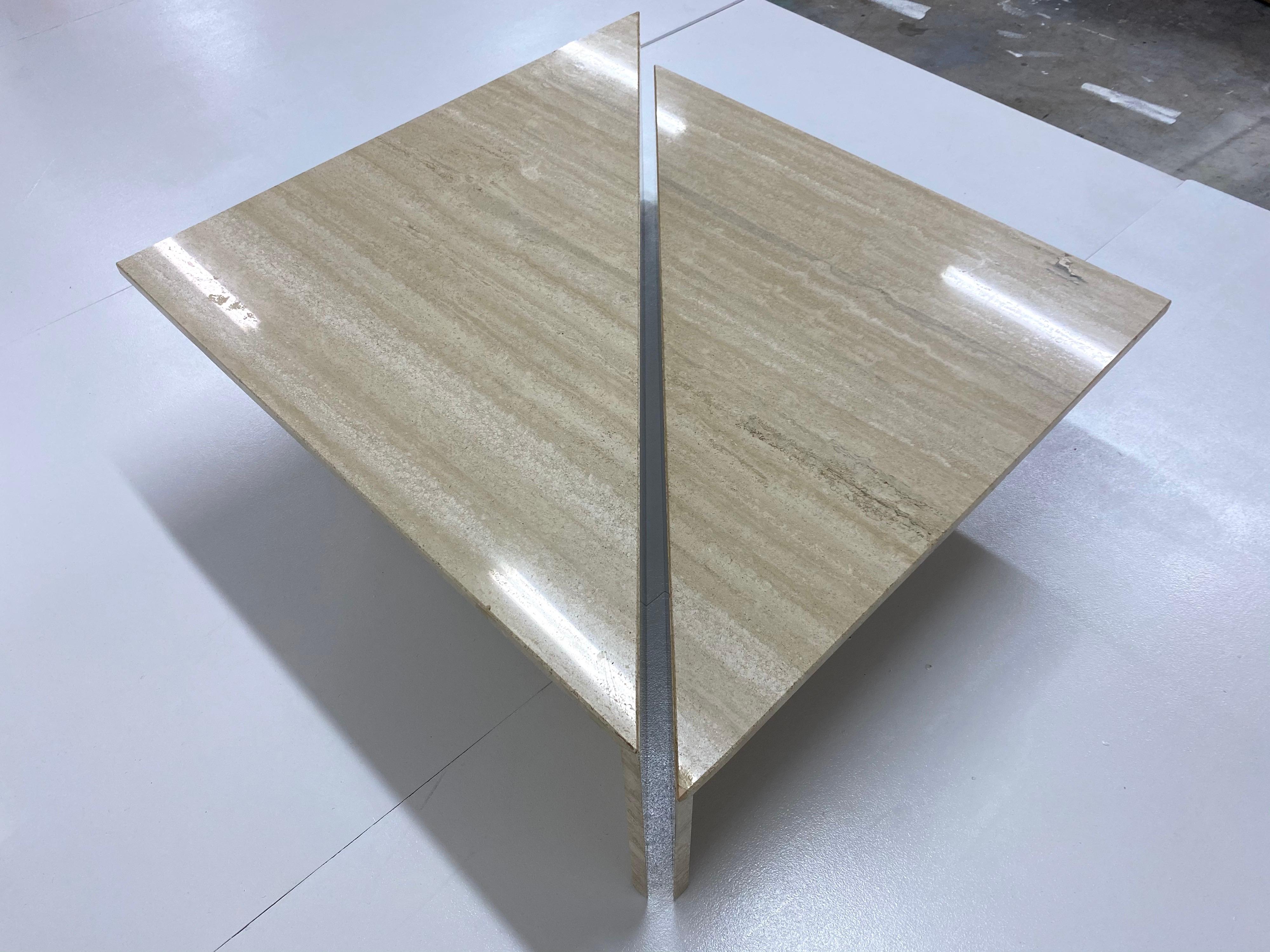 1970s Italian 2-Piece Triangle Travertine Coffee Table 2