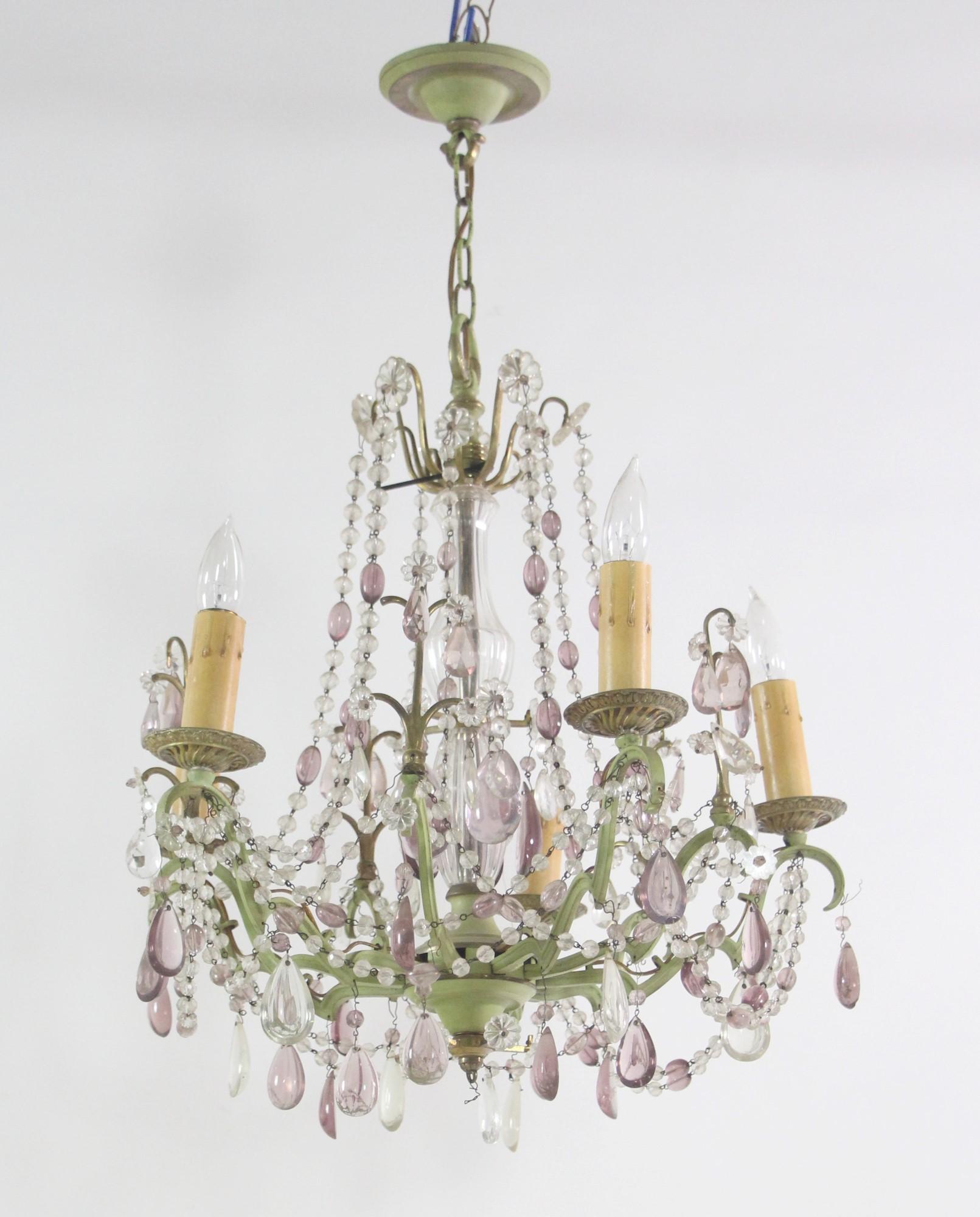 Italian 5-arm chandelier adorned with clear and amethyst beading and tear drop crystals. This elegant 1970's chandelier also has a green hand painted aluminum frame and glass flower rosettes. Price includes rewiring. Please note, this item is