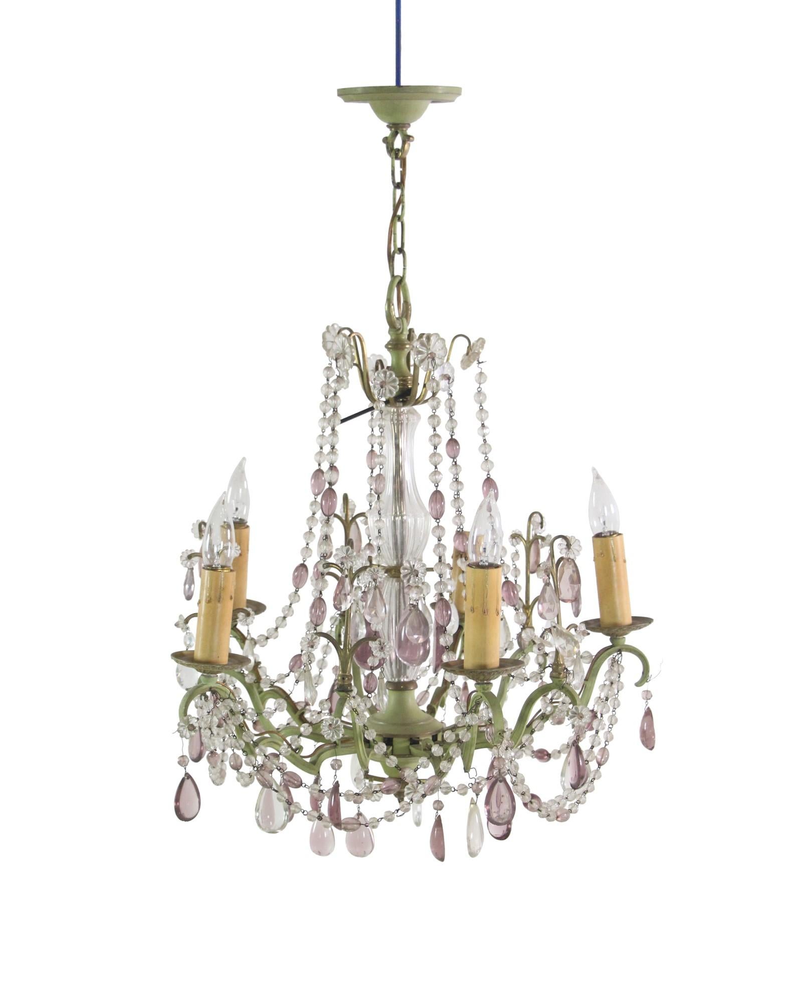 Italian 5 Arm Beaded Crystal Chandelier w/ Hand Painted Frame In Good Condition For Sale In New York, NY
