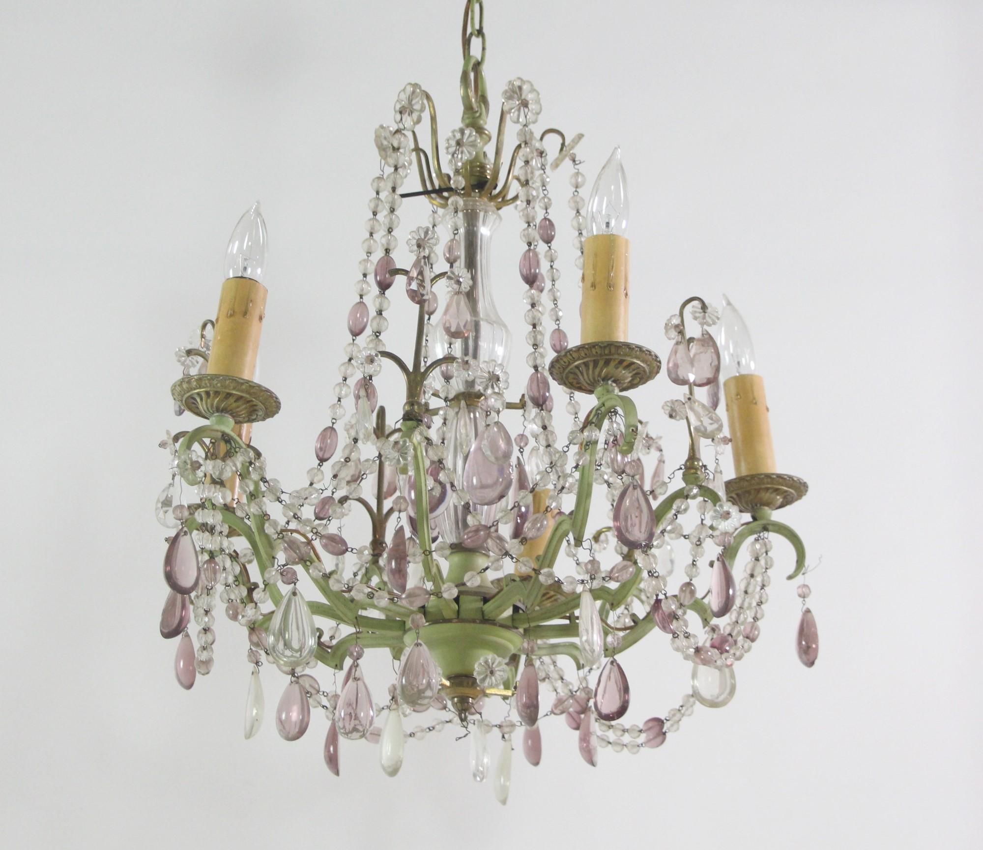 Late 20th Century Italian 5 Arm Beaded Crystal Chandelier w/ Hand Painted Frame For Sale
