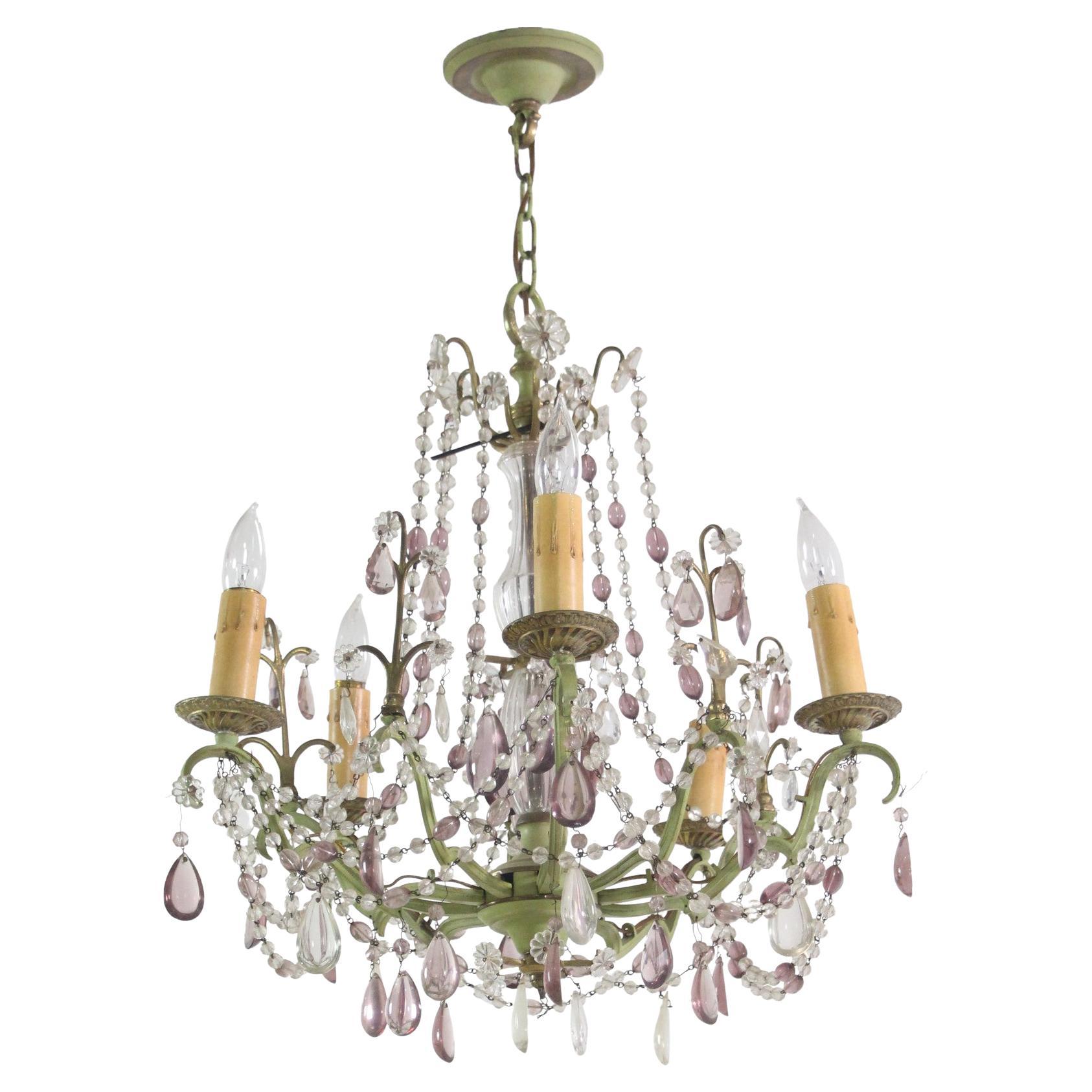 Italian 5 Arm Beaded Crystal Chandelier w/ Hand Painted Frame