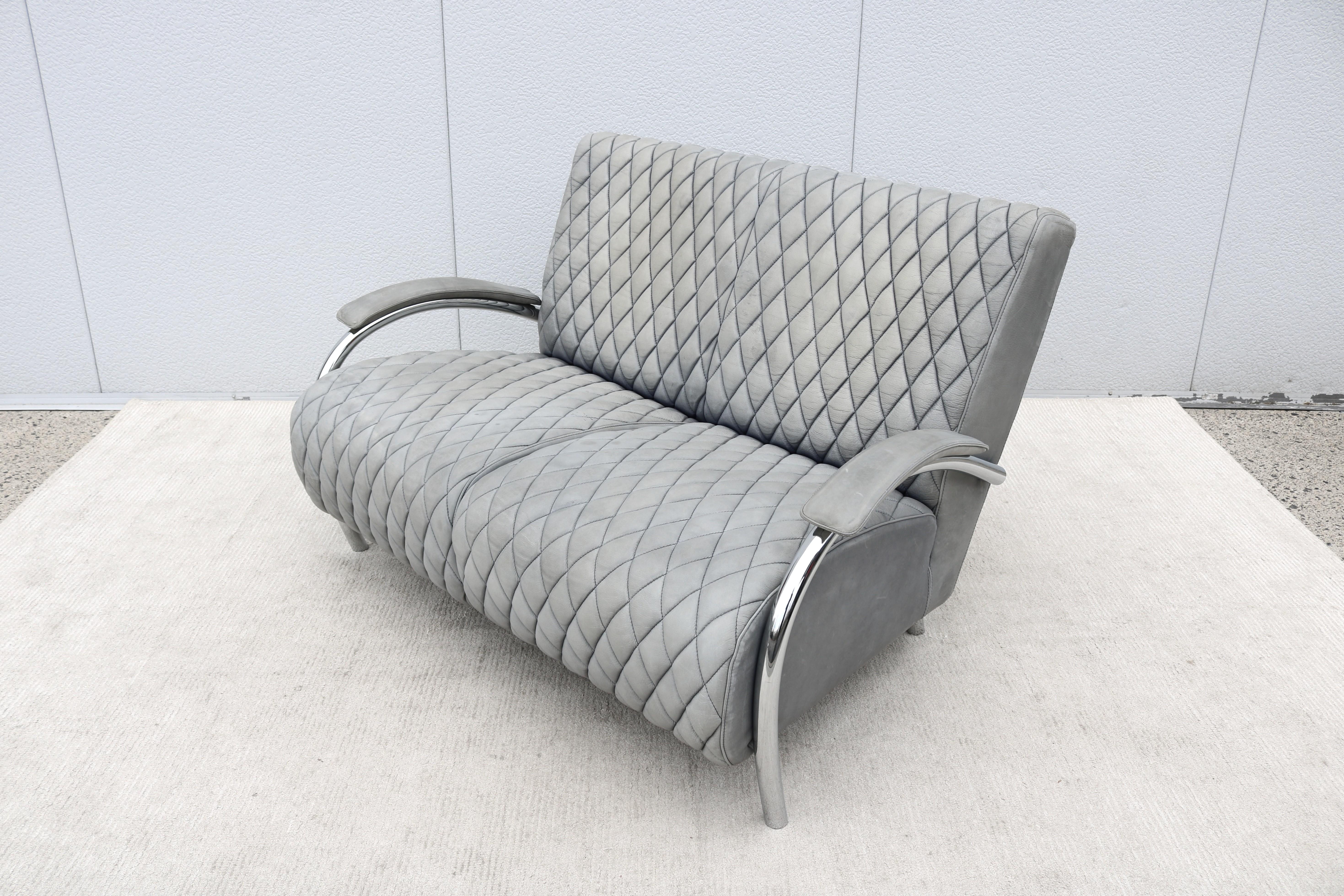 1970s Italian Accademia Leather and Chrome Loveseat or Two-Seat Sofa by Molinari For Sale 3
