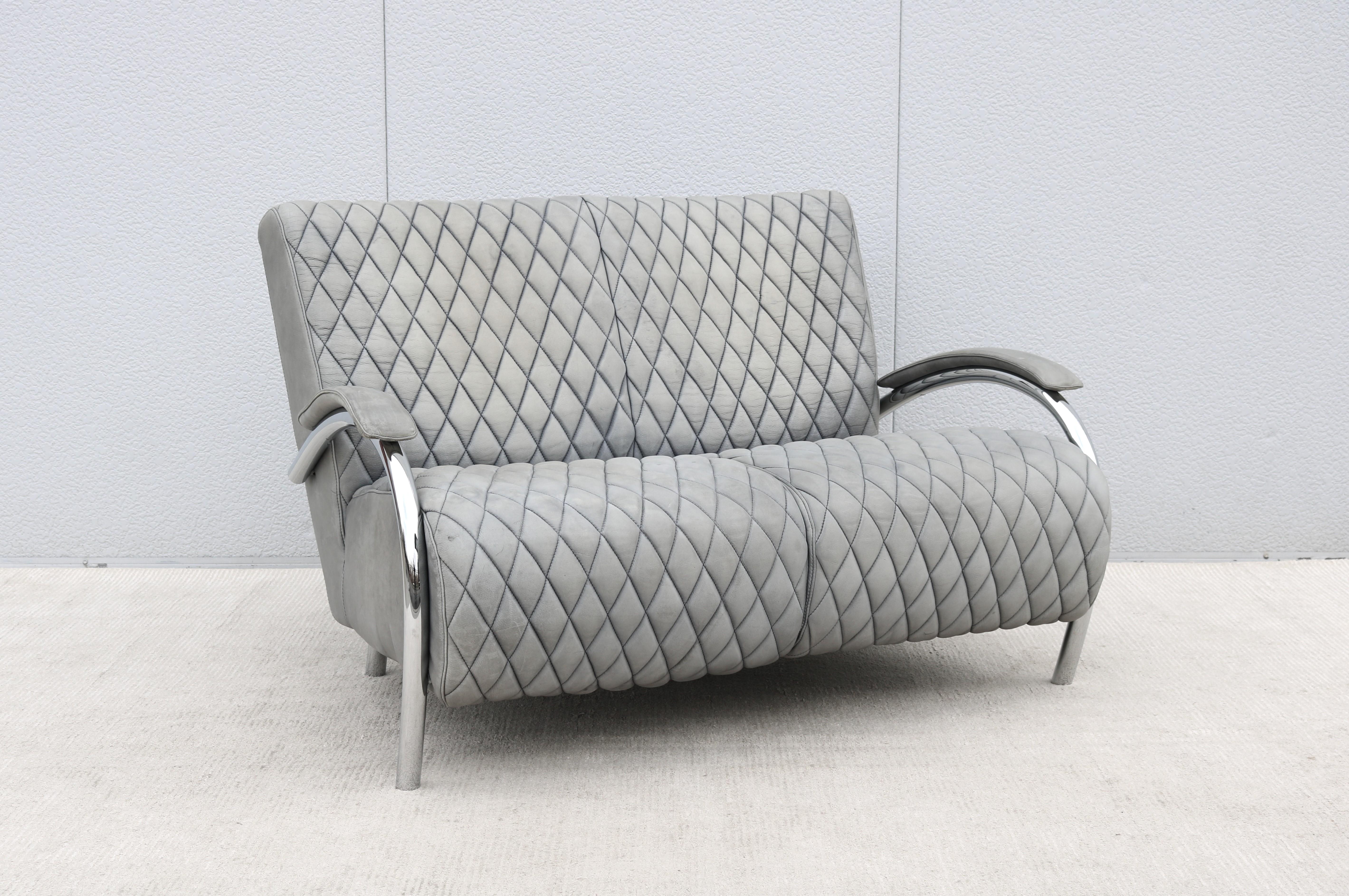 Hand-Crafted 1970s Italian Accademia Leather and Chrome Loveseat or Two-Seat Sofa by Molinari For Sale