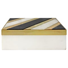 1970s Italian Alabaster and Black Stone Box with Brass Inlay