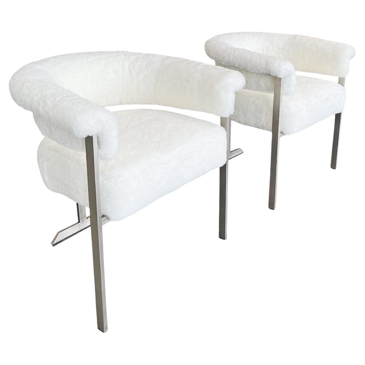 1970s Italian Aluminum & Shearling Three-Legged Side Chairs - a Pair