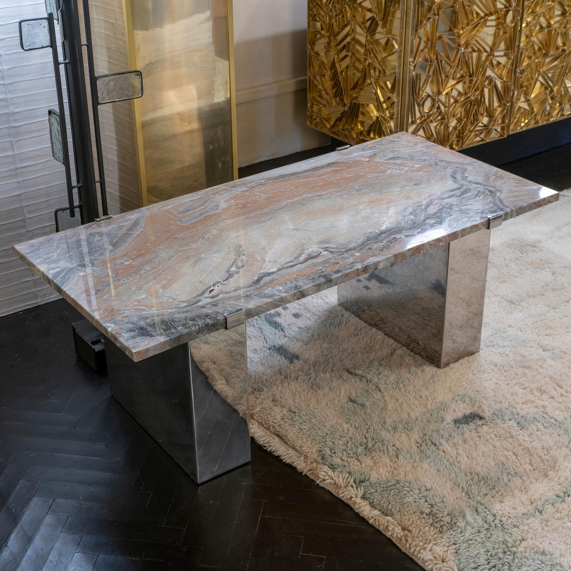 1970s Italian coffee table with Arabescato marble top that is inserted over a wood structure, polished chrome bases.