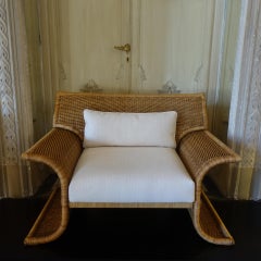1970's Italian Armchair in Rattan and White Rafia Fabric