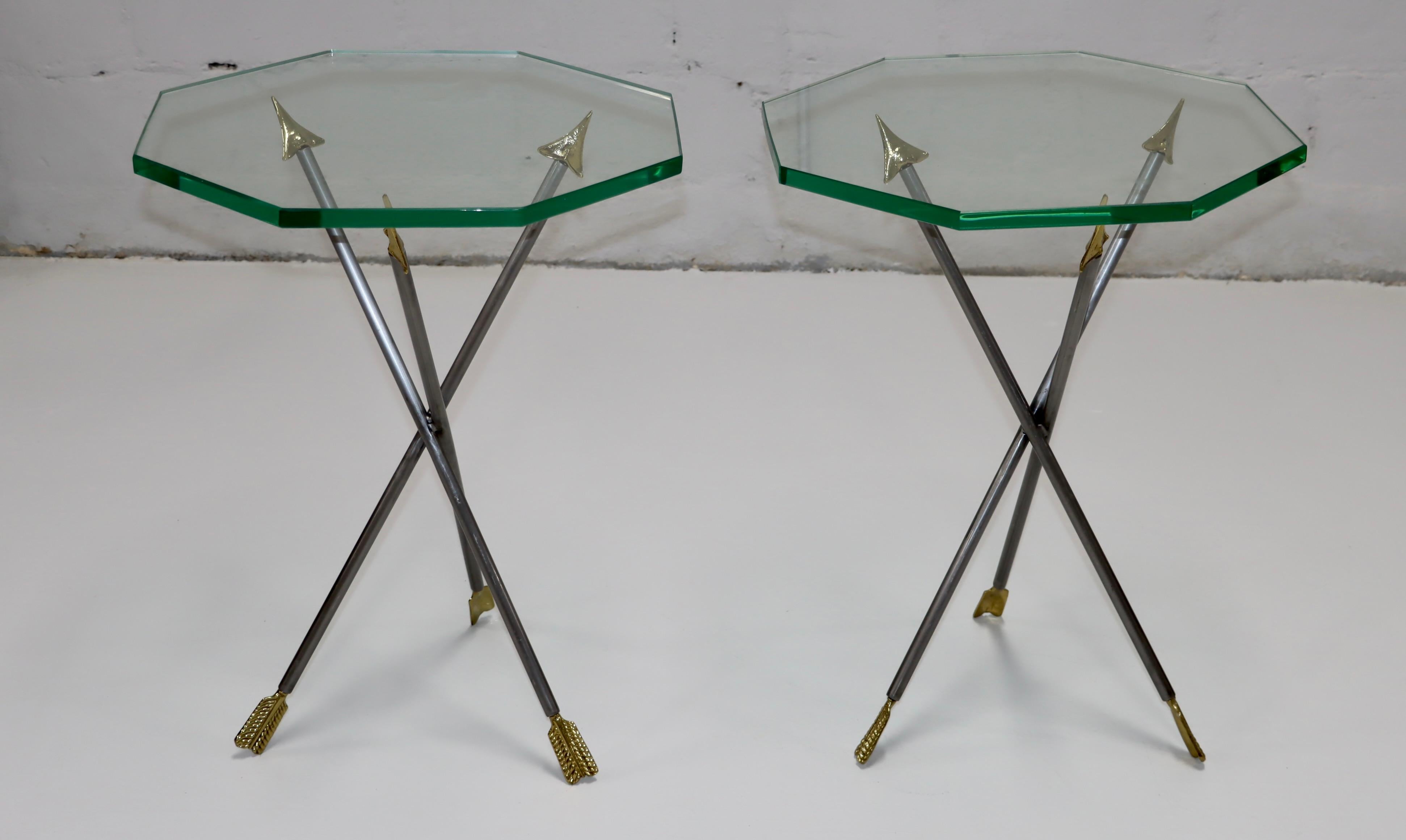 Brass 1970's Italian Arrow Side Tables Octagonal Glass Tops For Sale