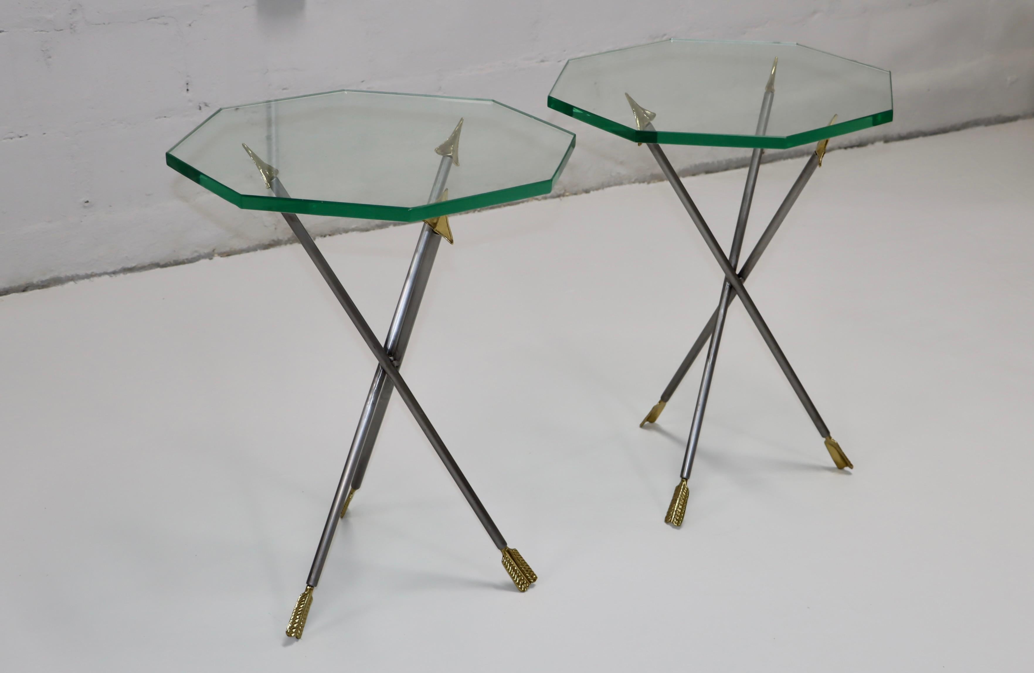 1970's Italian Arrow Side Tables Octagonal Glass Tops For Sale 2
