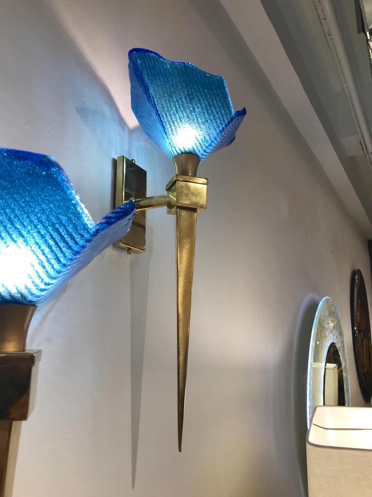 1970s Italian Art Deco Design Brass Pair of Cobalt Blue Murano Glass Sconces 5
