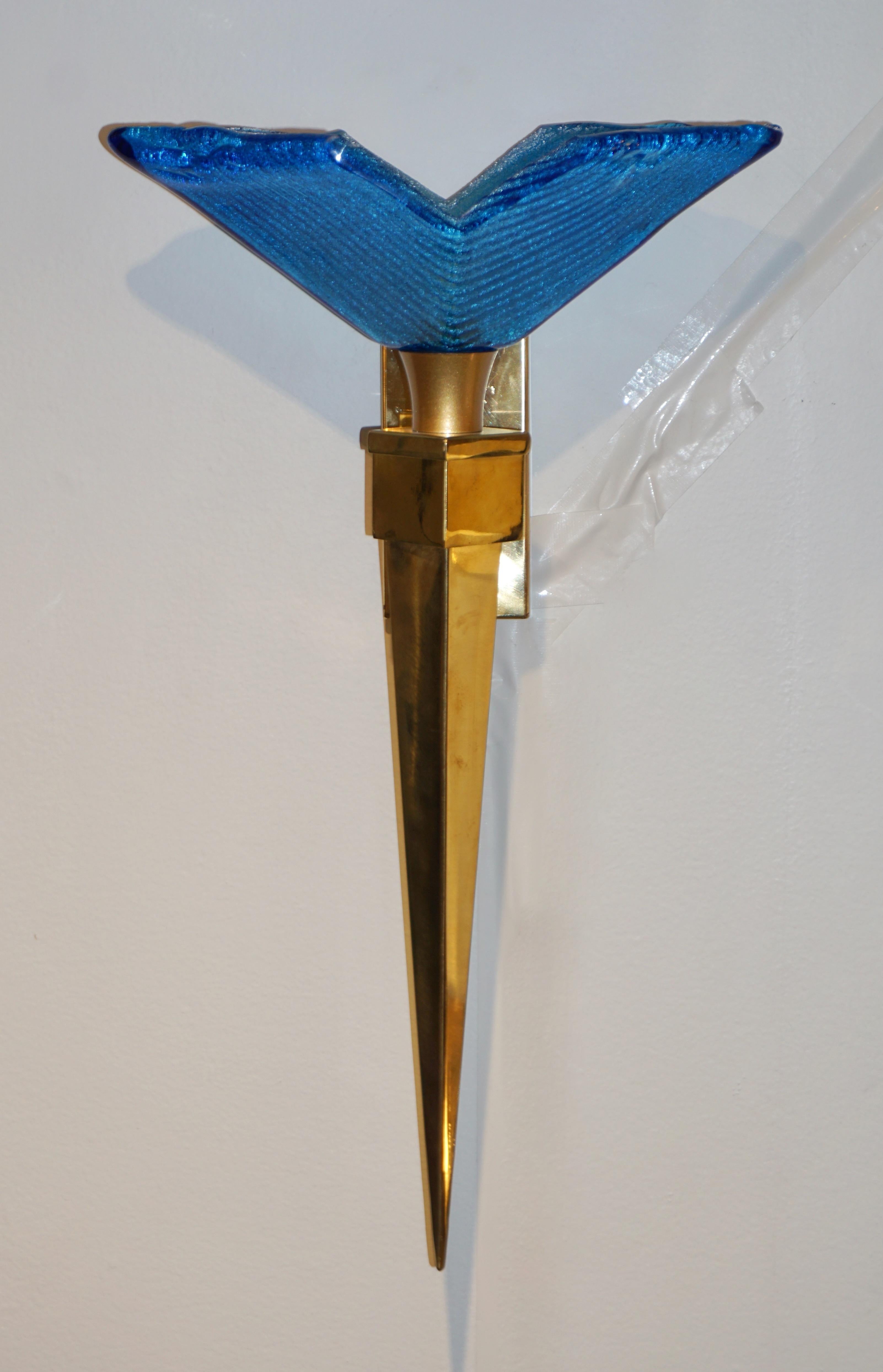 1970s Italian Art Deco Design Brass Pair of Cobalt Blue Murano Glass Sconces 6