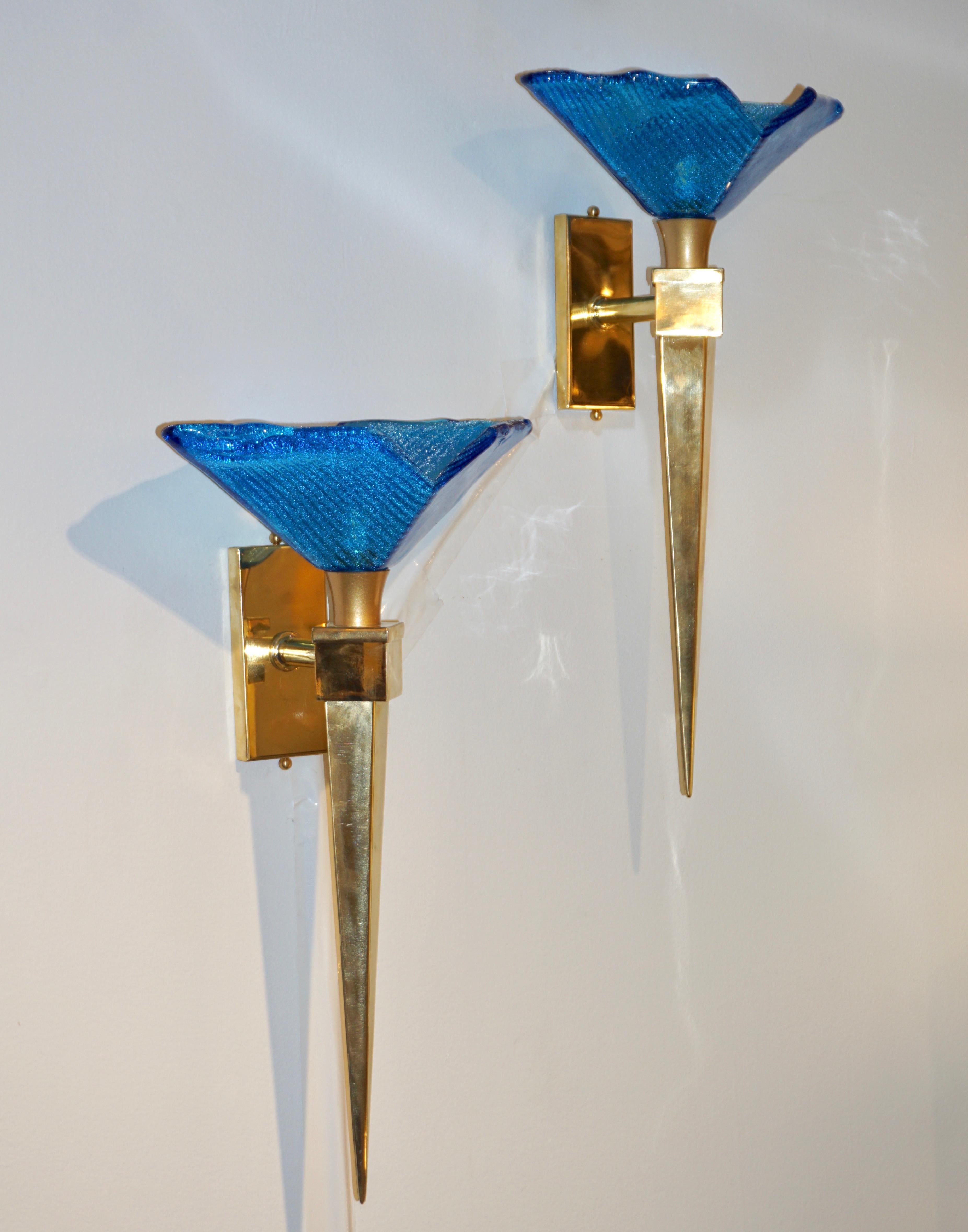 Mid-Century Modern 1970s Italian Art Deco Design Brass Pair of Cobalt Blue Murano Glass Sconces