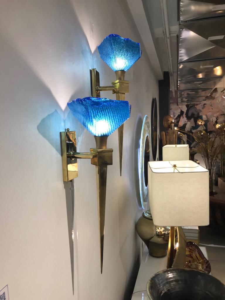 Hand-Crafted 1970s Italian Art Deco Design Brass Pair of Cobalt Blue Murano Glass Sconces