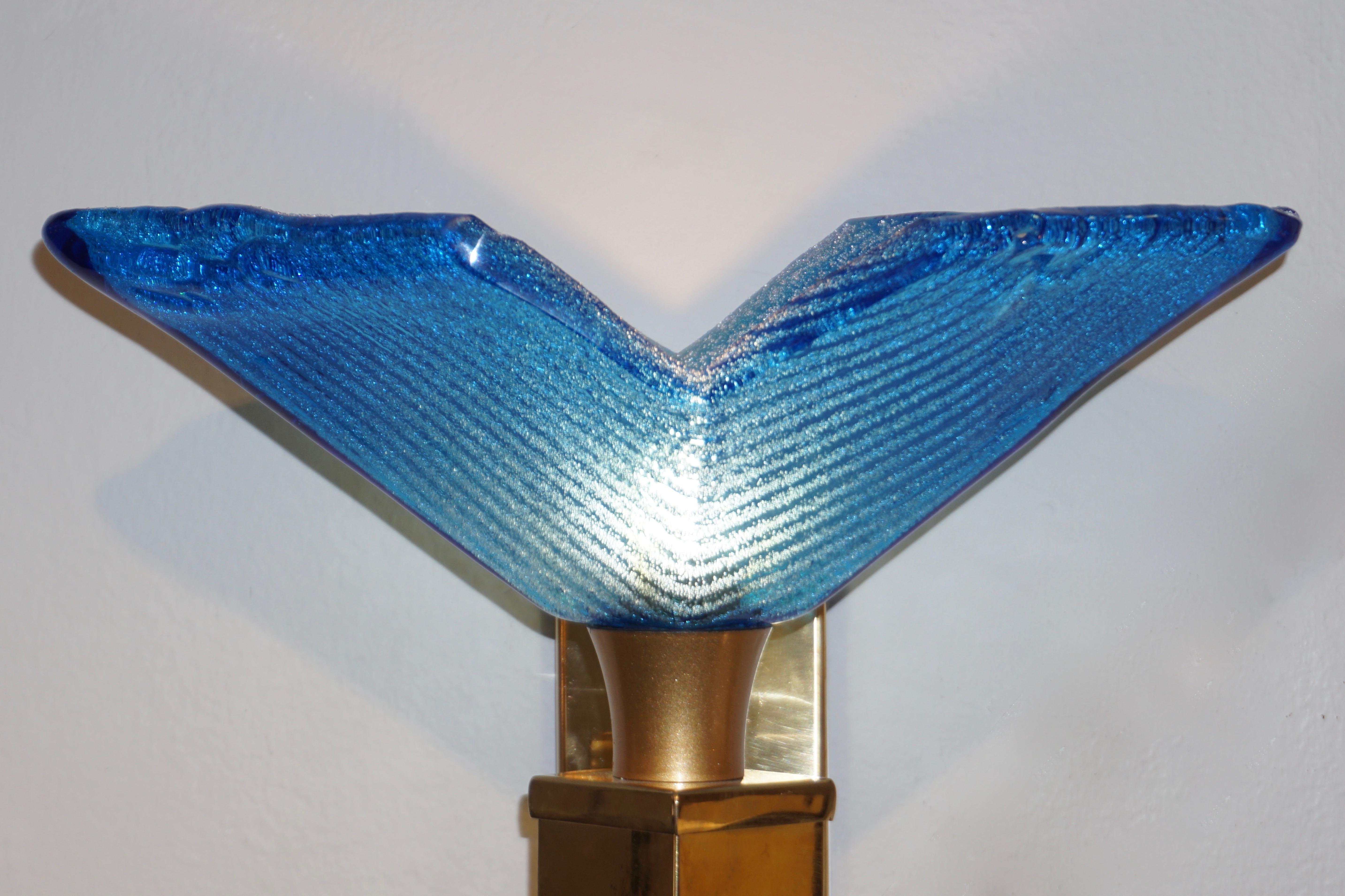 Late 20th Century 1970s Italian Art Deco Design Brass Pair of Cobalt Blue Murano Glass Sconces